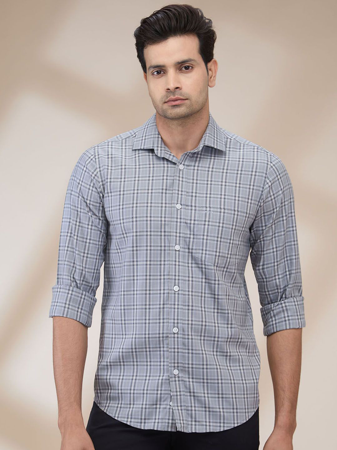 

ColorPlus Men Spread Collar Grid Tattersall Checked Cotton Casual Shirt, Grey