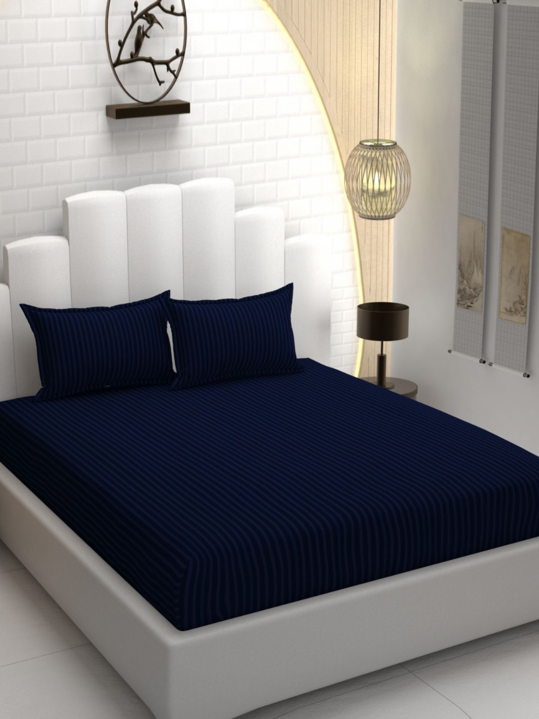 

AaHo Decor Navy Blue Striped 300 TC Double King Fitted Bedsheet with 2 Pillow Covers
