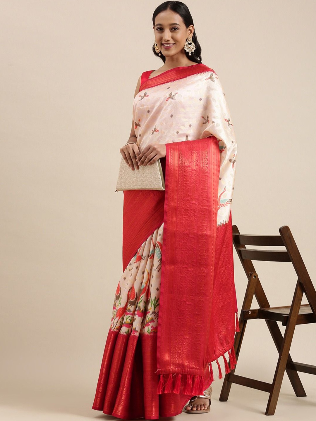 

Zeekha Kalamkari Zari Pure Silk Kanjeevaram Saree, Off white