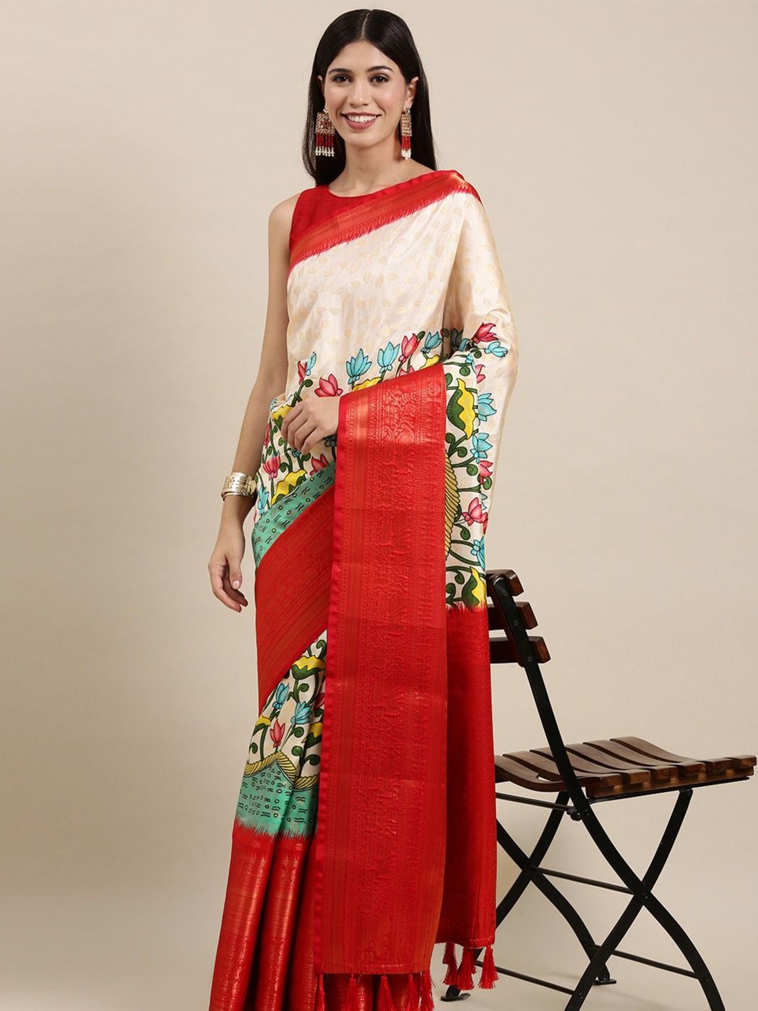 

Zeekha Kalamkari Pure Silk Heavy Work Traditional Kanjeevaram Saree, Cream
