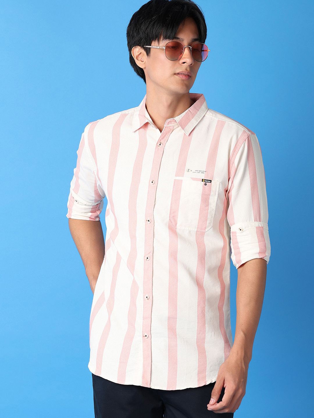 

V-Mart Men Classic Spread Collar Vertical Striped Cotton Slim Fit Casual Shirt, Pink