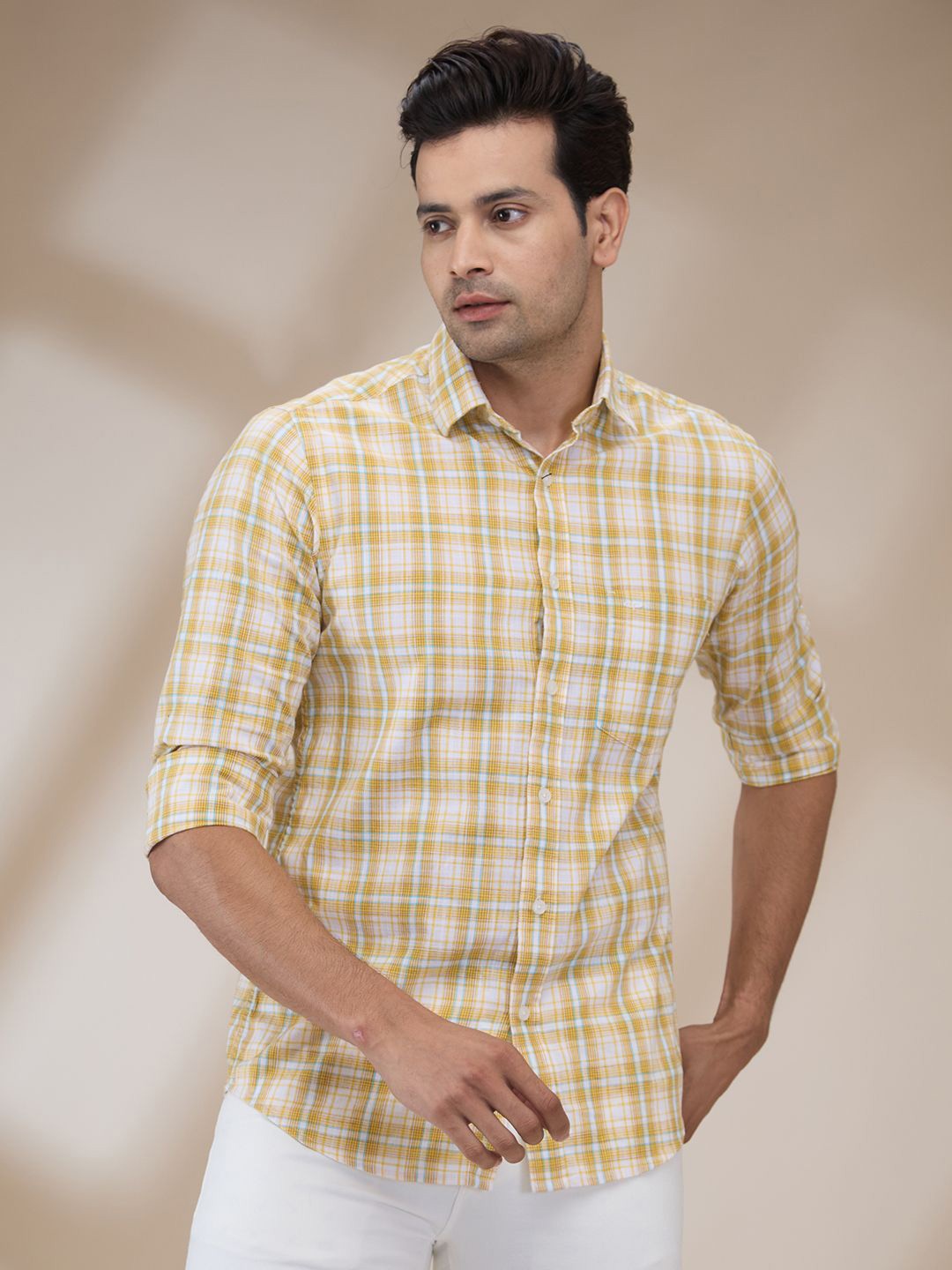 

ColorPlus Men Spread Collar Tartan Checked Cotton Casual Shirt, Yellow