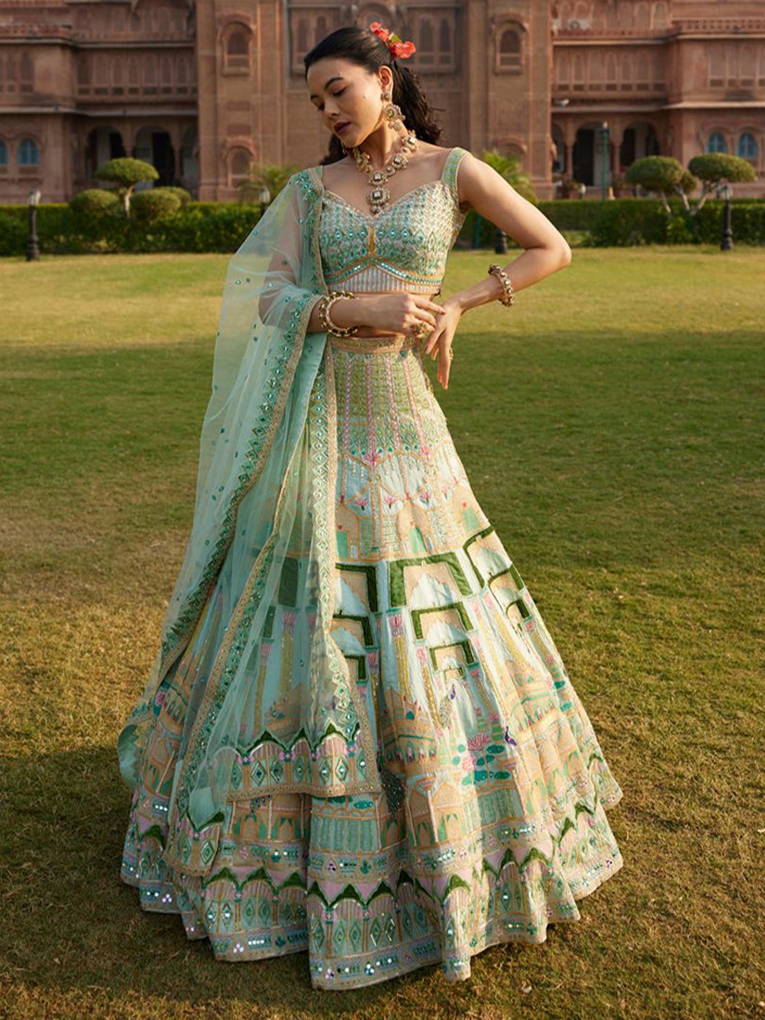 

KIASA By Ronak & Shruti Embellished Mirror Work Ready to Wear Lehenga Blouse With Dupatta, Green