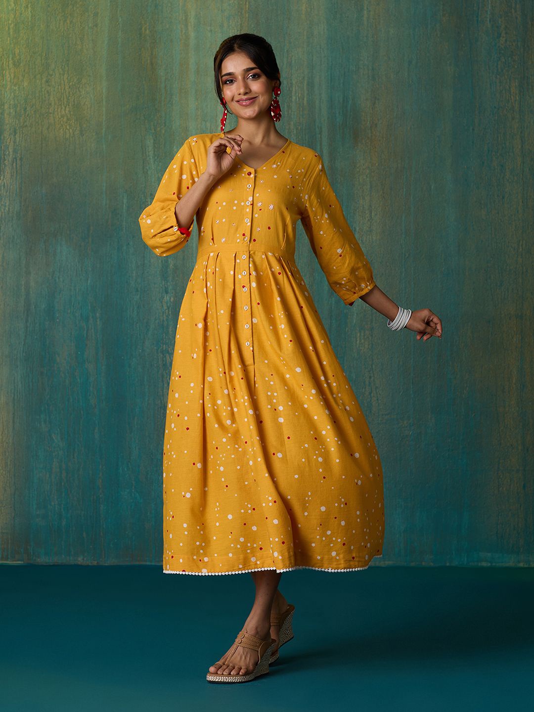 

Likha Polka Dot Print Fit & Flare Maxi Dress, Yellow