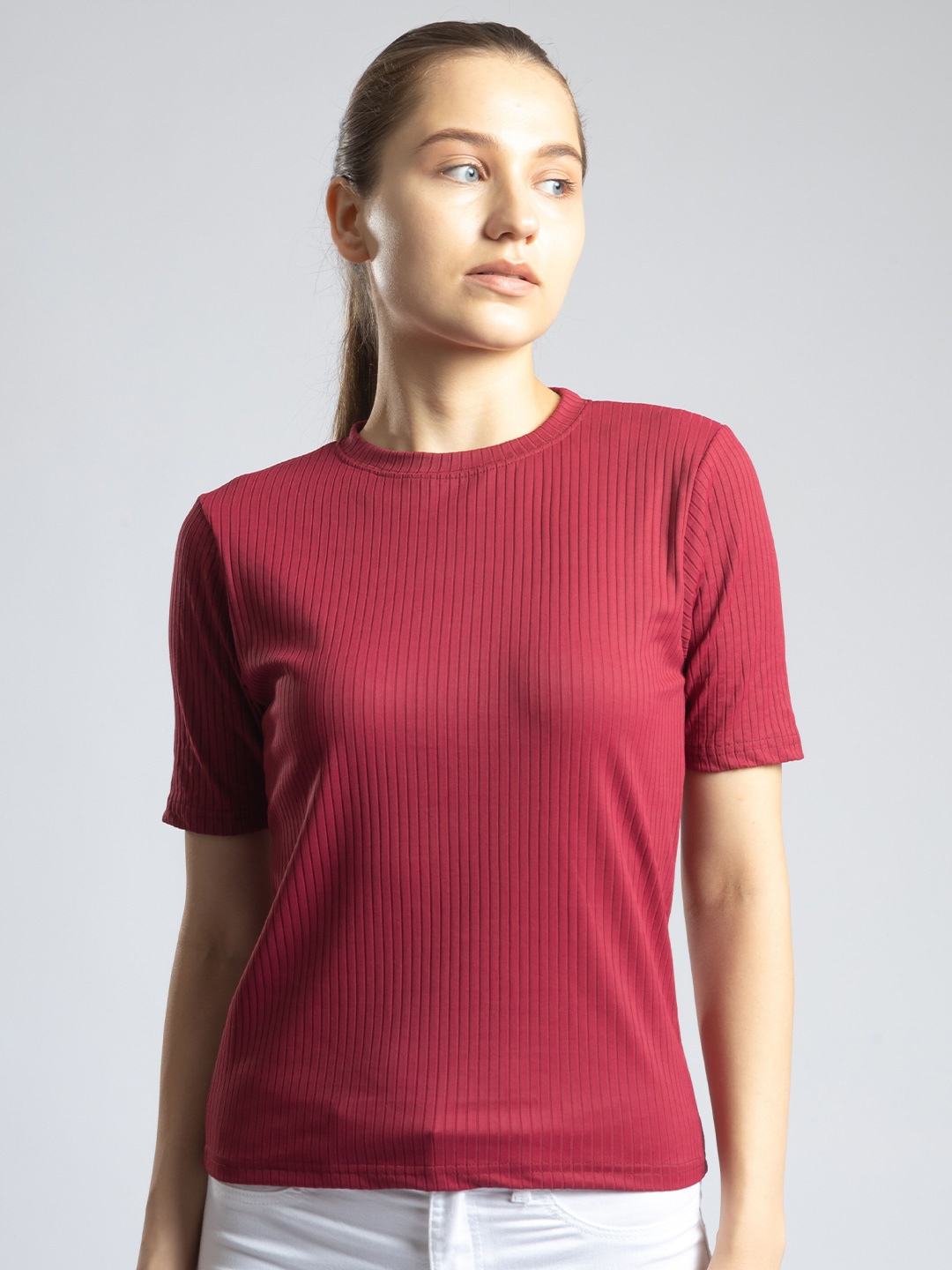 

Redamancii Women Solid Round Neck Polycotton Top, Maroon