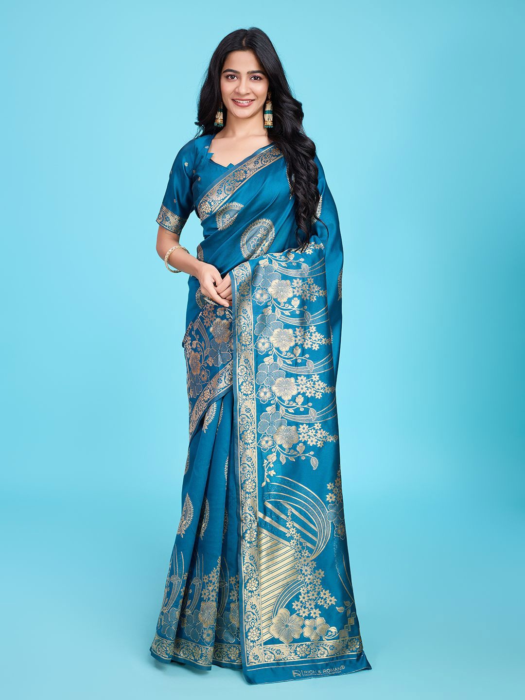 

RICH & ROMAN Woven Design Pure Silk Banarasi Saree, Blue