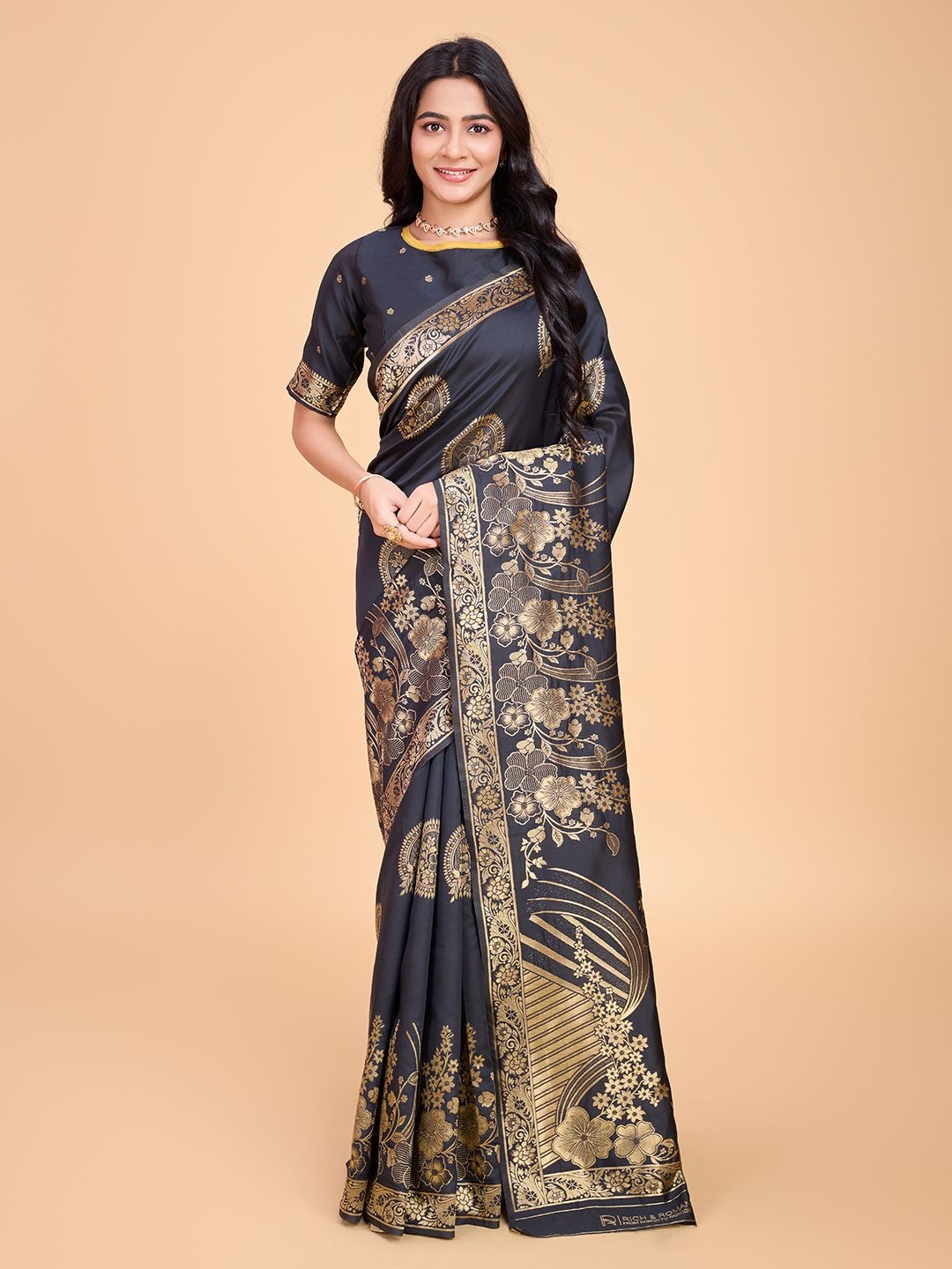 

RICH & ROMAN Woven Design Zari Pure Silk Banarasi Saree, Black