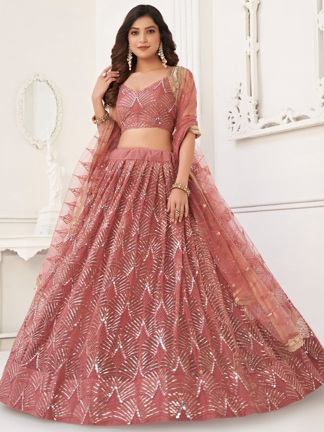 

JIHU CULTURE Embellished Sequinned Semi-Stitched Lehenga & Unstitched Blouse With Dupatta, Pink