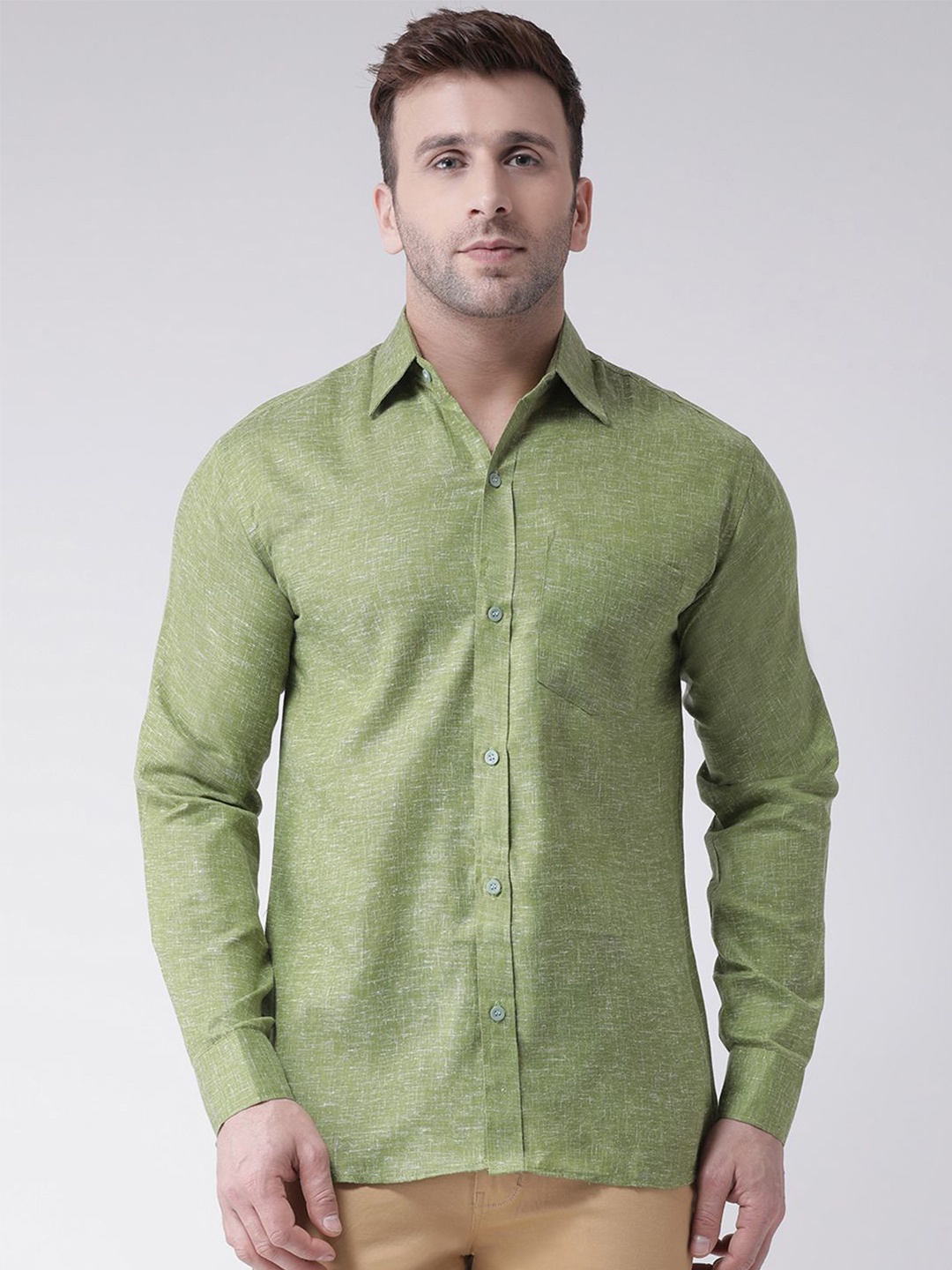 

KLOSET BY RIAG Men Classic Spread Collar Solid Linen Casual Shirt, Green