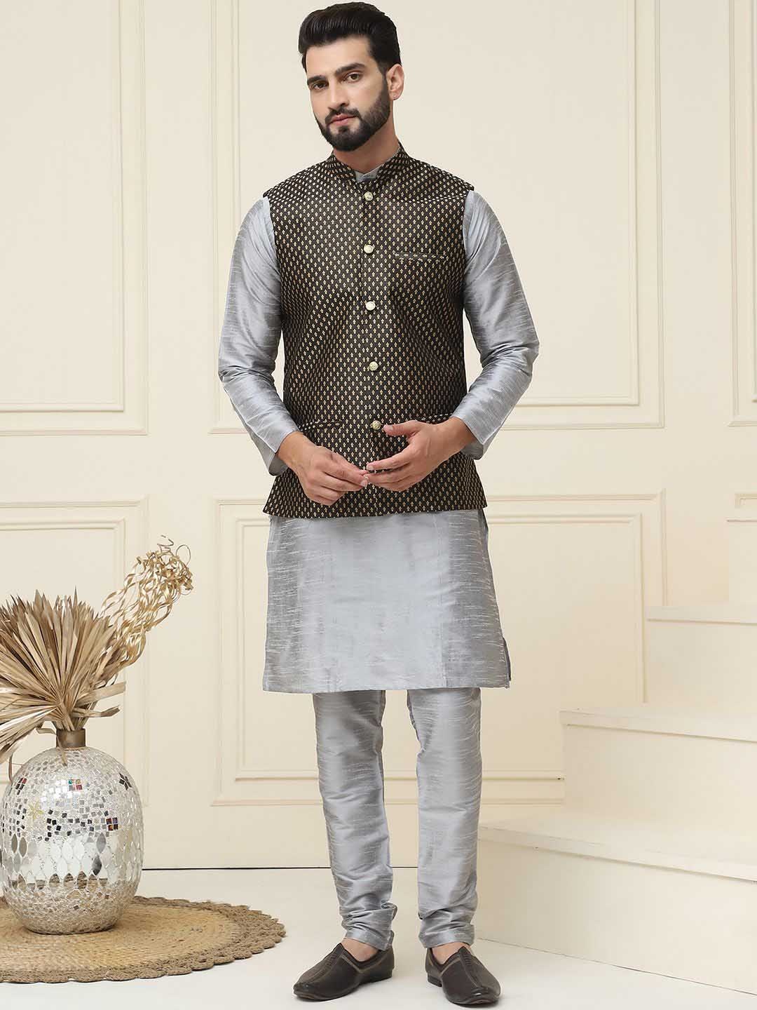 

SOJANYA Mandarin Collar Silk Cotton Straight Kurta with Churidar & Nehru jacket, Grey