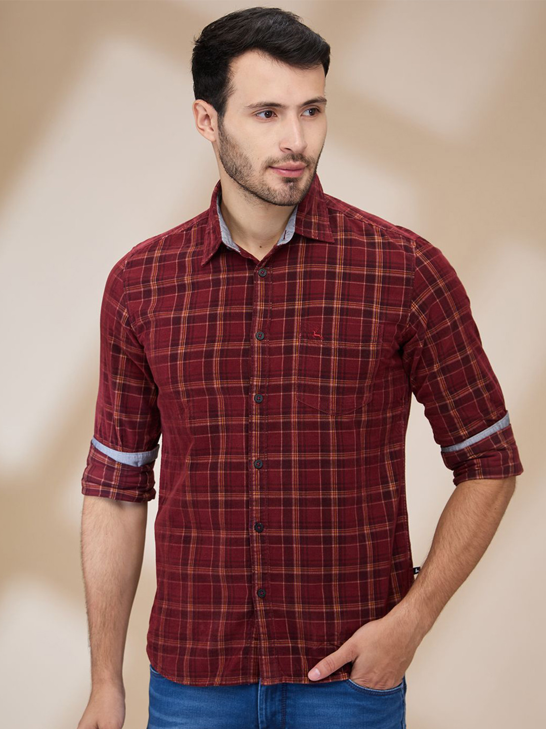 

Parx Men Spread Collar Tartan Checked Cotton Slim Fit Casual Shirt, Red