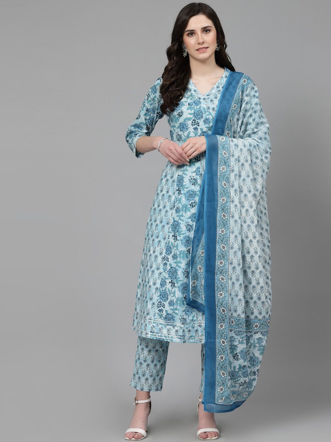 

His&Her Floral Printed Gotta Patti Pure Cotton Kurta with Trousers & Dupatta, Blue