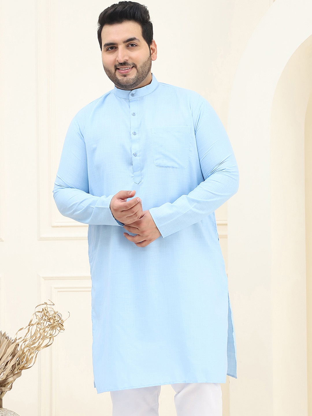 

SOJANYA PLUS Band Collar Cotton Straight Kurta, Blue