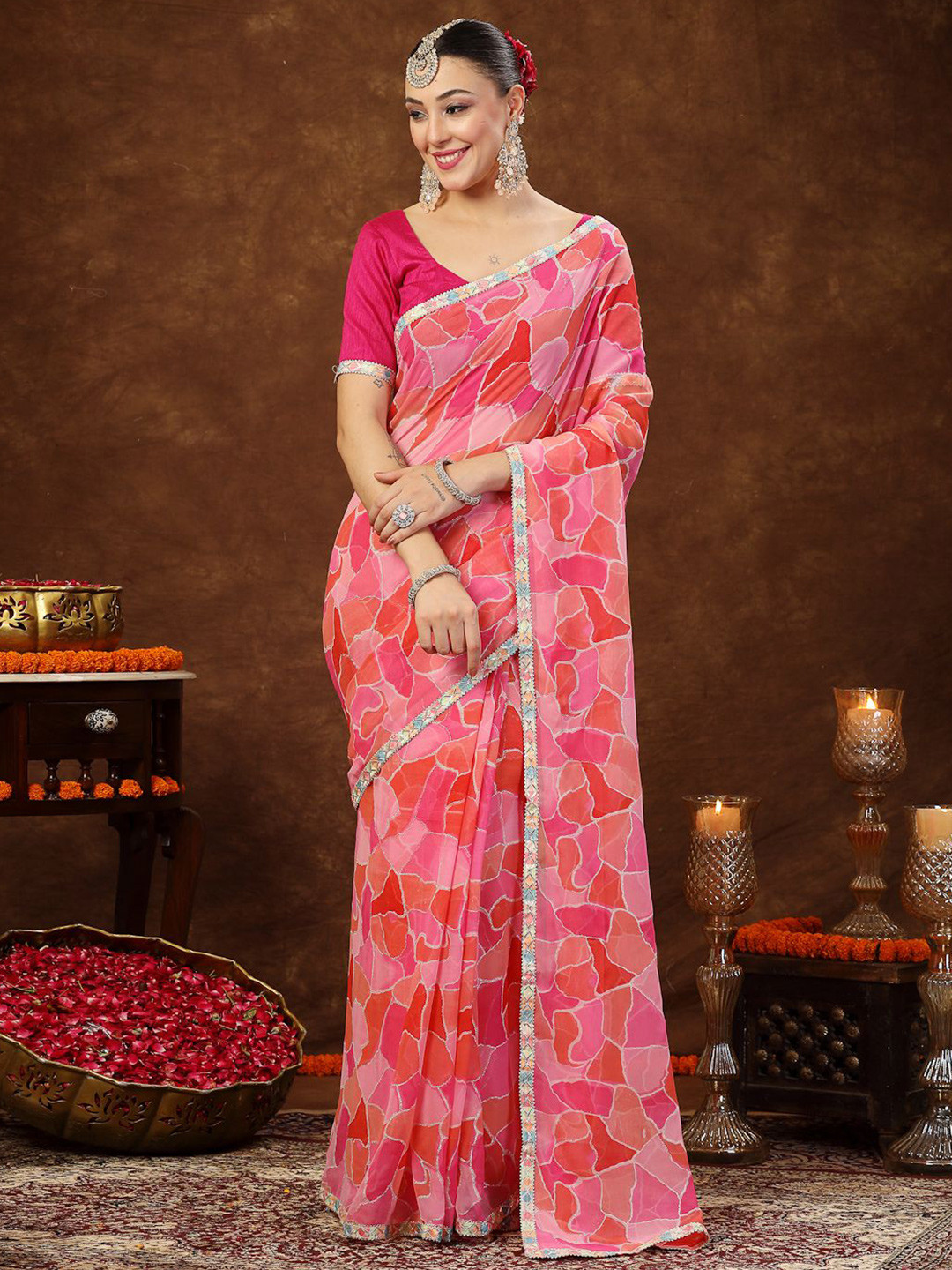 

Stylum Poly Georgette Embellished Printed Saree, Pink