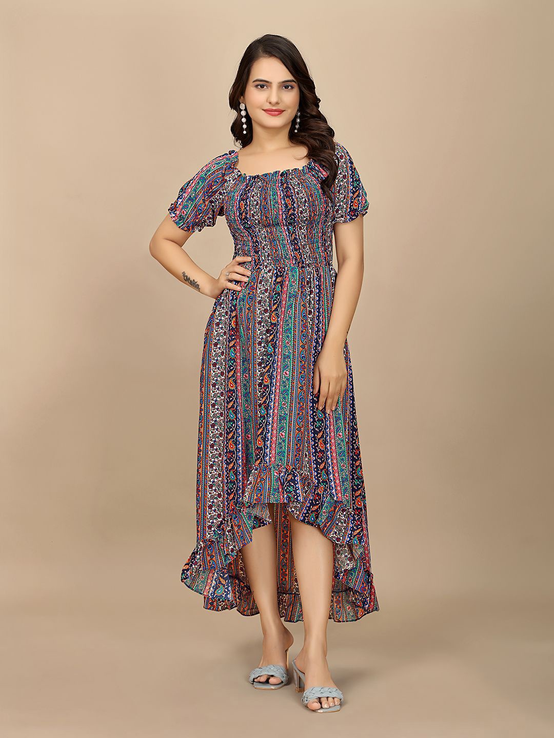 

BAESD Square Neck Floral Printed Knee Length Fit and Flare Dress, Multi