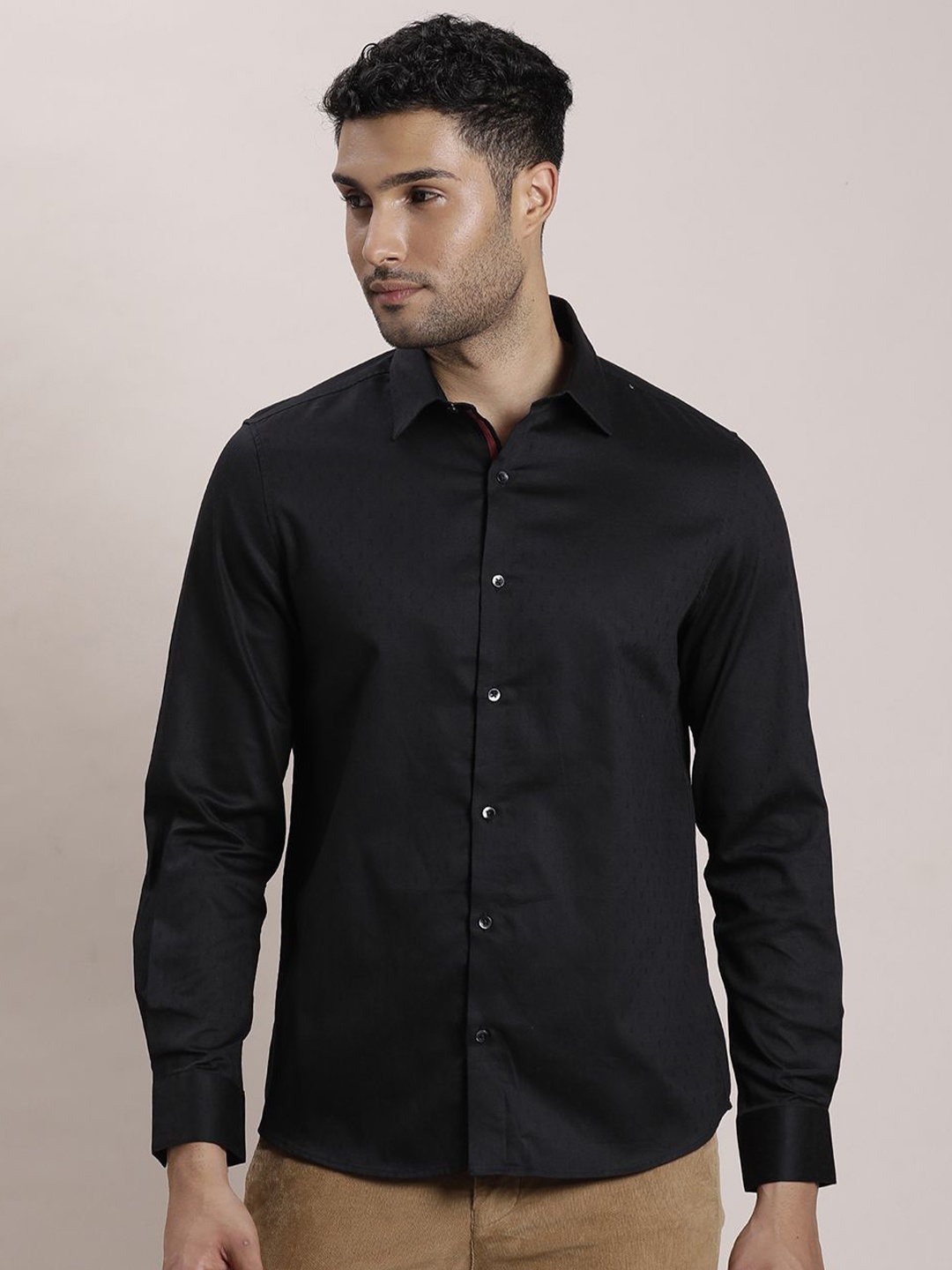 

Turtle Men Classic Spread Collar Solid Cotton Slim Fit Party Shirt, Black