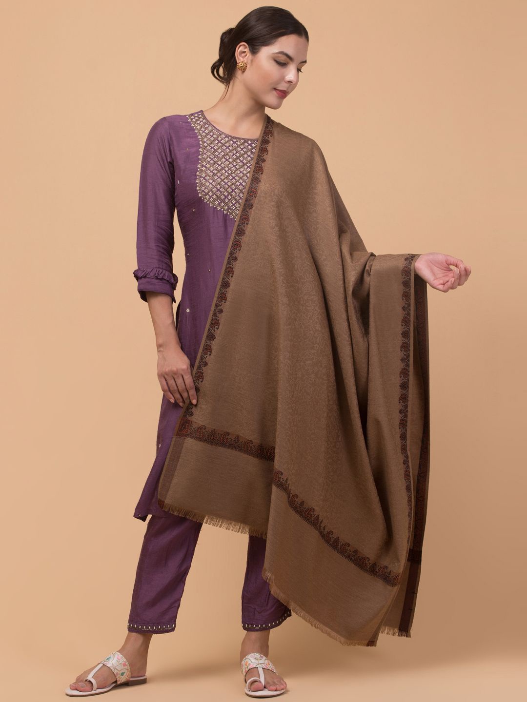 

Tweedle Floral Woven Design Acrylic Shawl, Beige