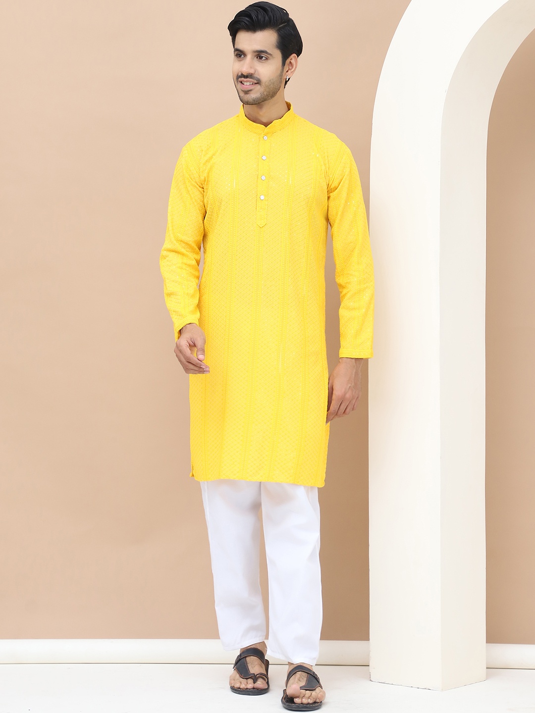 

TAG 7 Embroidered Mandarin Collar Sequinned Straight Kurta, Yellow