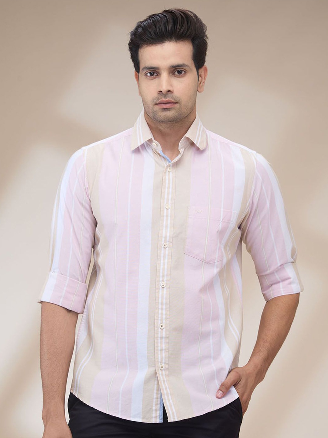 

ColorPlus Men Spread Collar Vertical Striped Cotton Casual Shirt, Red