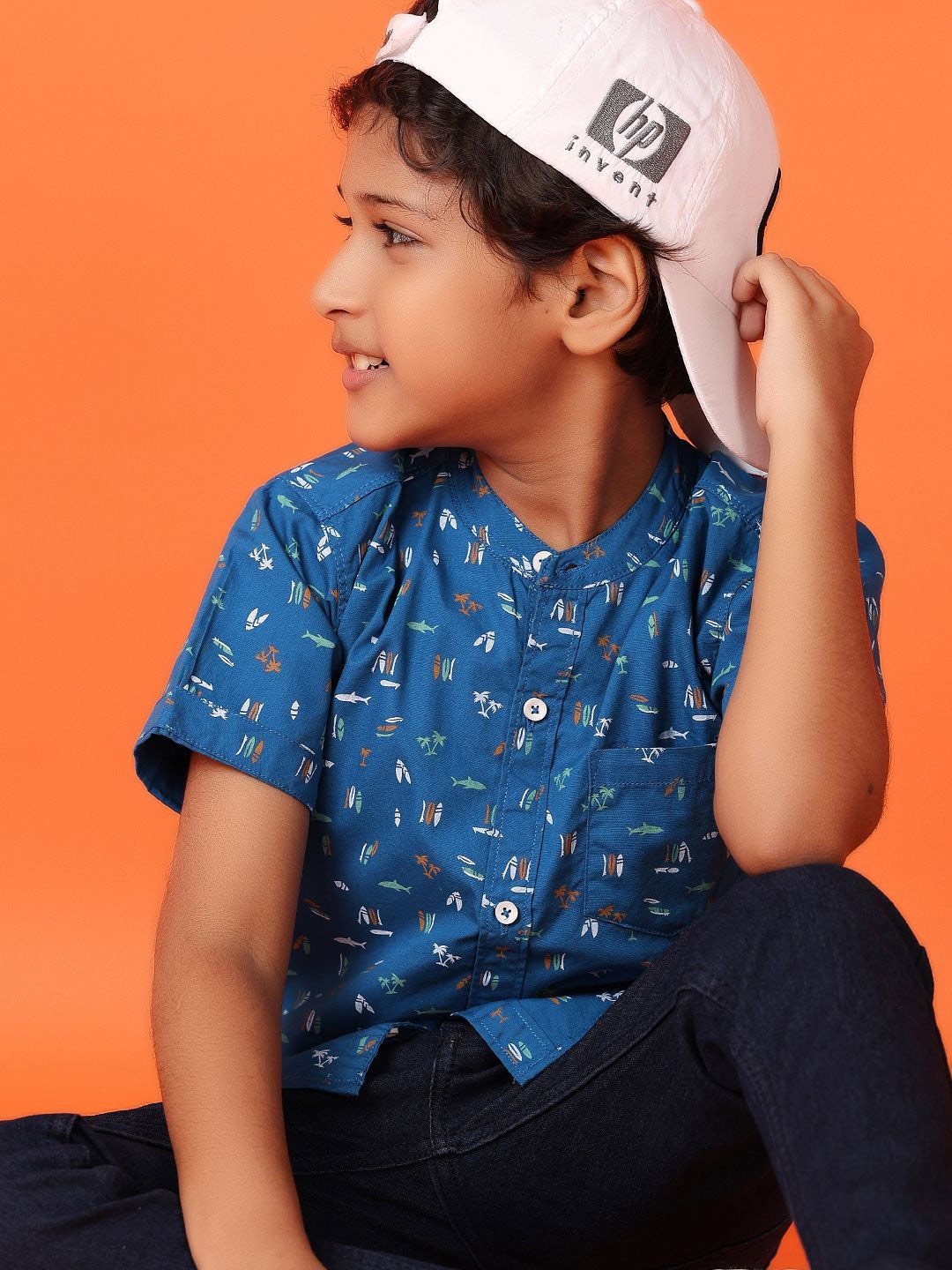 

V-Mart Boys Classic Mandarin Collar Conversational Printed Cotton Casual Shirt, Blue