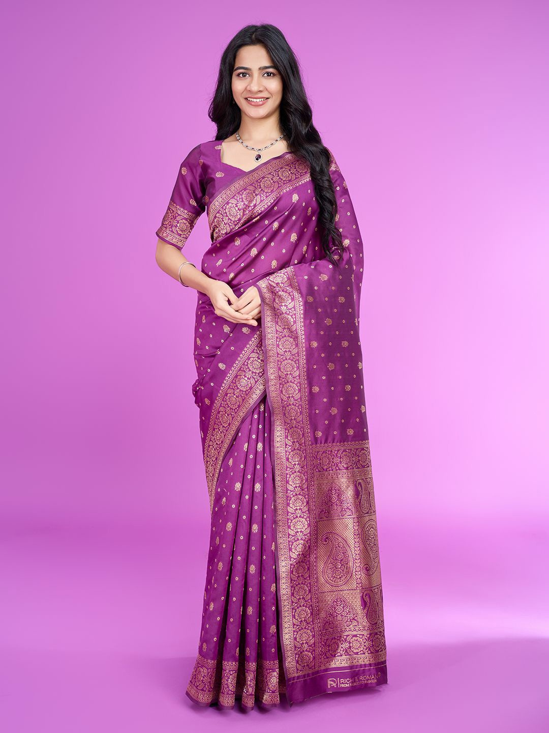 

RICH & ROMAN Woven Design Zari Pure Silk Banarasi Saree, Purple