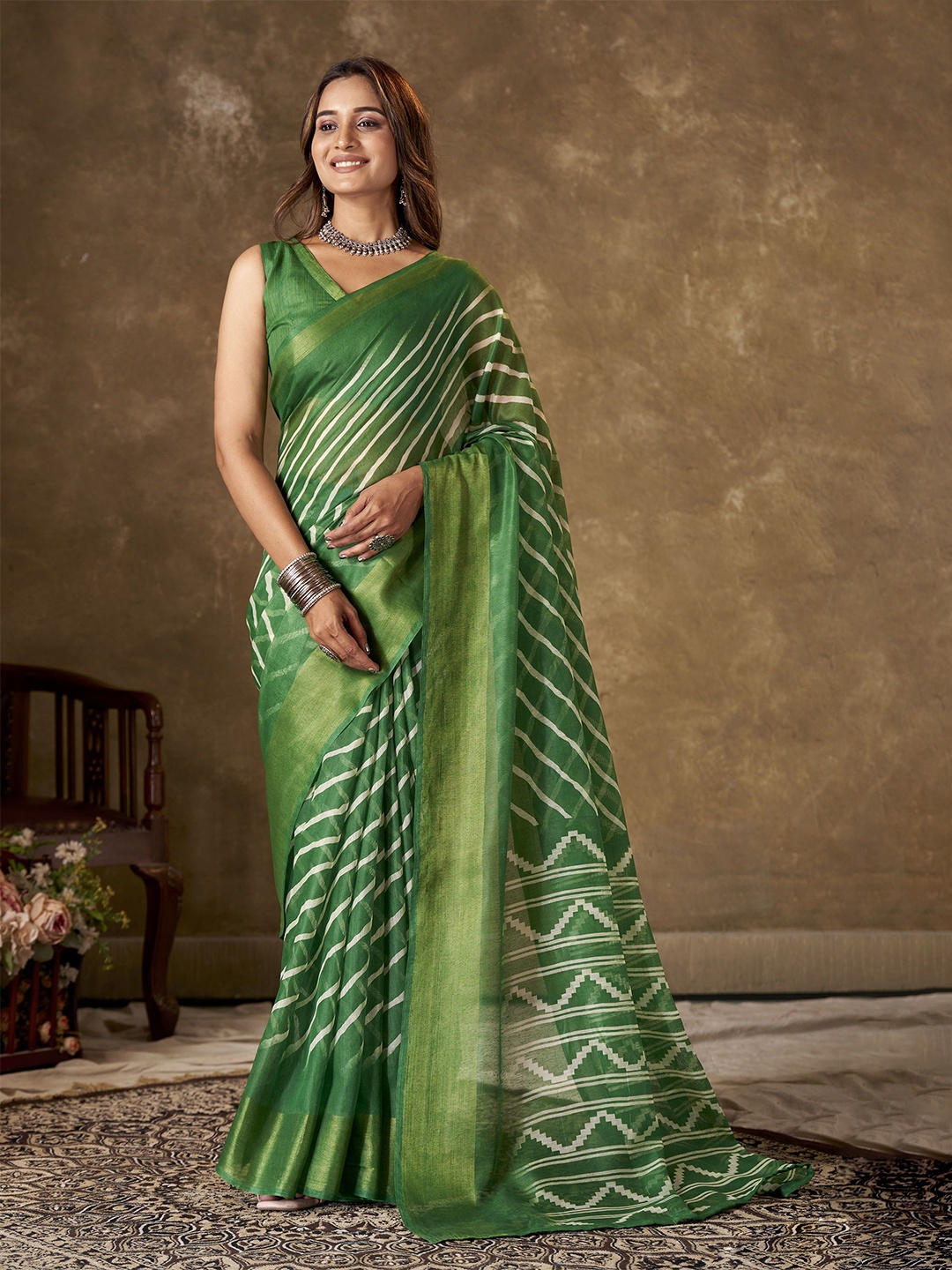 

KAYOMMI Leheriya Zari Pure Cotton Leheriya Saree, Green