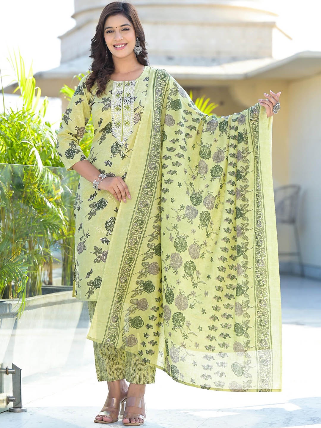

Juniper Floral Printed Thread Work Pure Cotton Kurta with Trouser & Dupatta, Green
