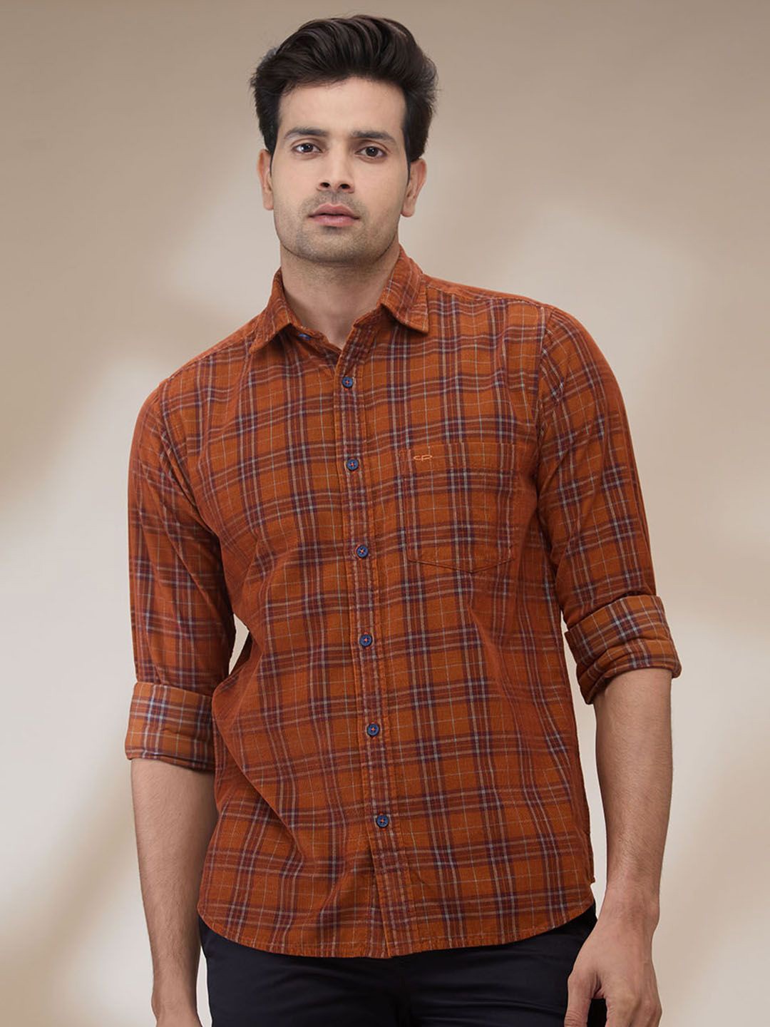 

ColorPlus Men Spread Collar Tartan Checked Cotton Casual Shirt, Orange