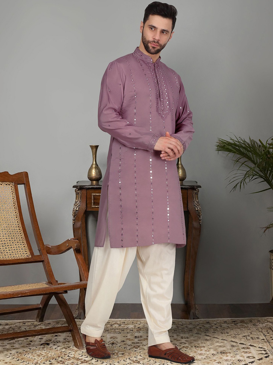 

KRAFT INDIA LUXE Ethnic Motifs Embroidered Mirror Work Cotton Silk Straight Kurta & Salwar, Mauve