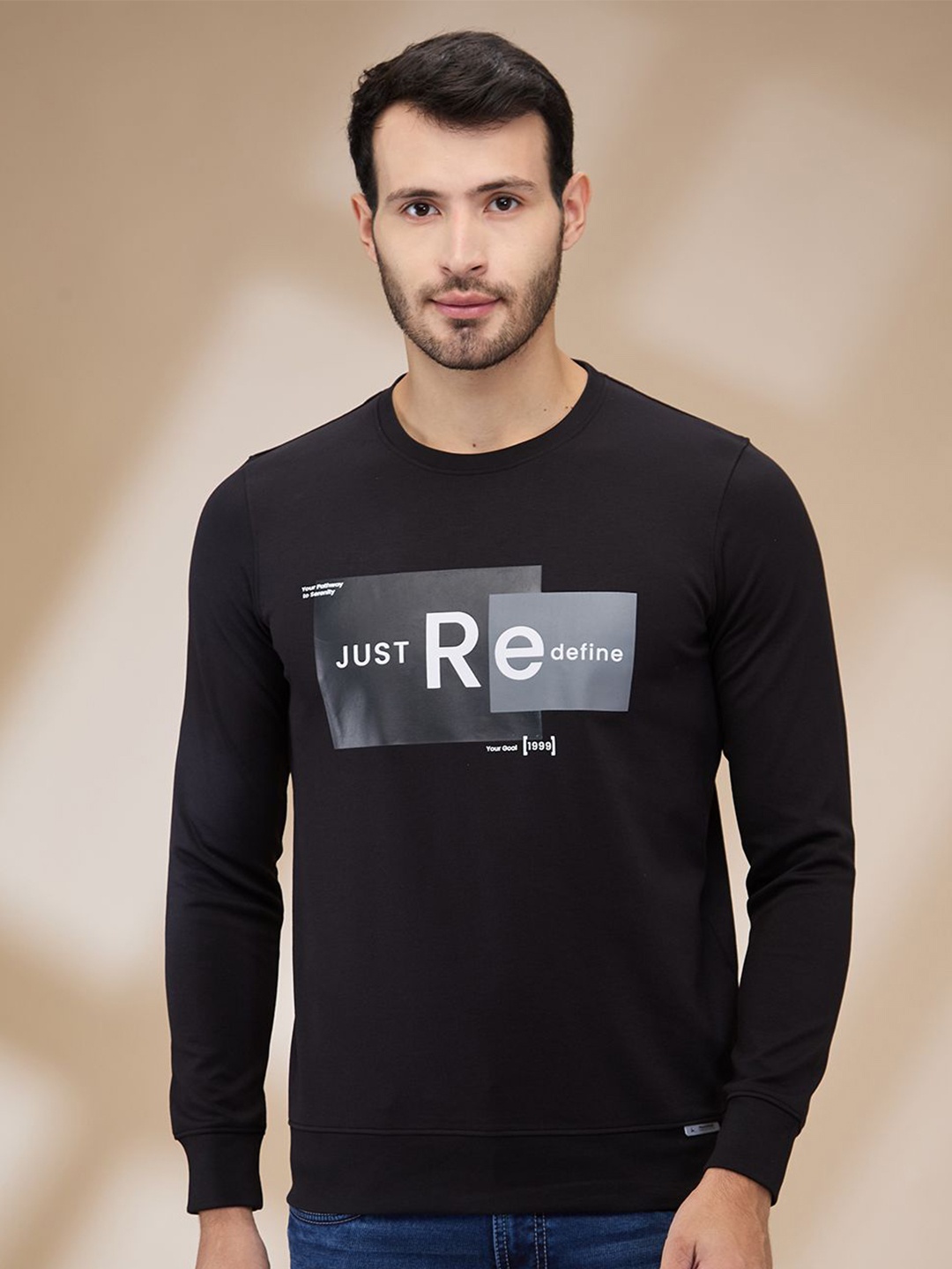 

Parx Men Graphic Printed Round Neck Cotton Pullover Sweatshirt, Black