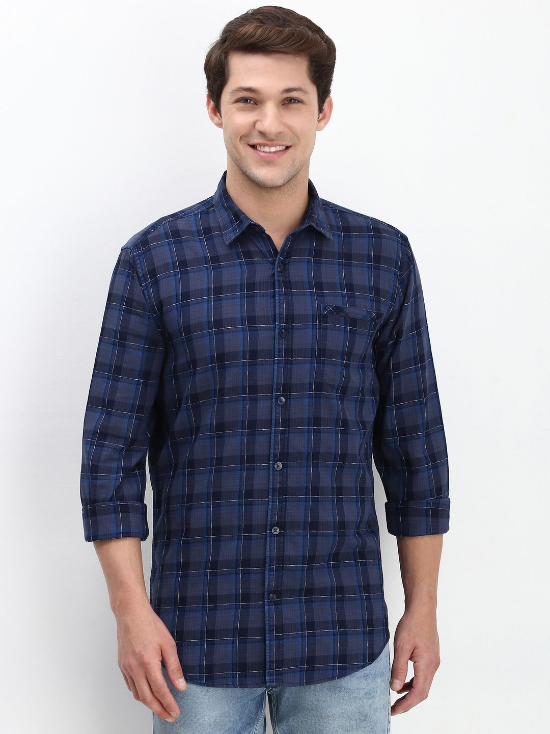 

Allen Solly Men Custom Spread Collar Checked Cotton Casual Shirt, Navy blue