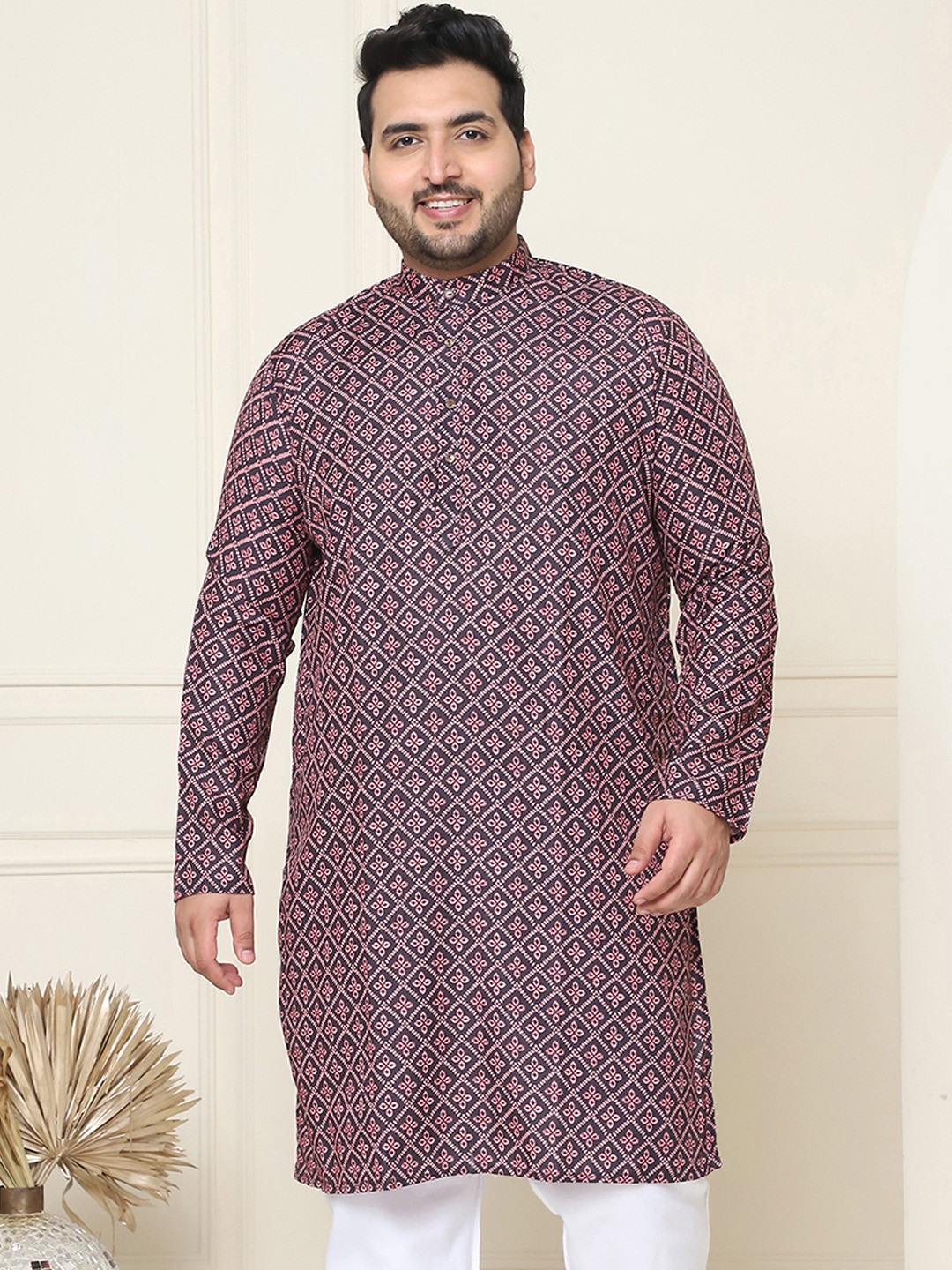 

SOJANYA PLUS Ethnic Motifs Printed Band Collar Pure Cotton Straight Kurta, Black