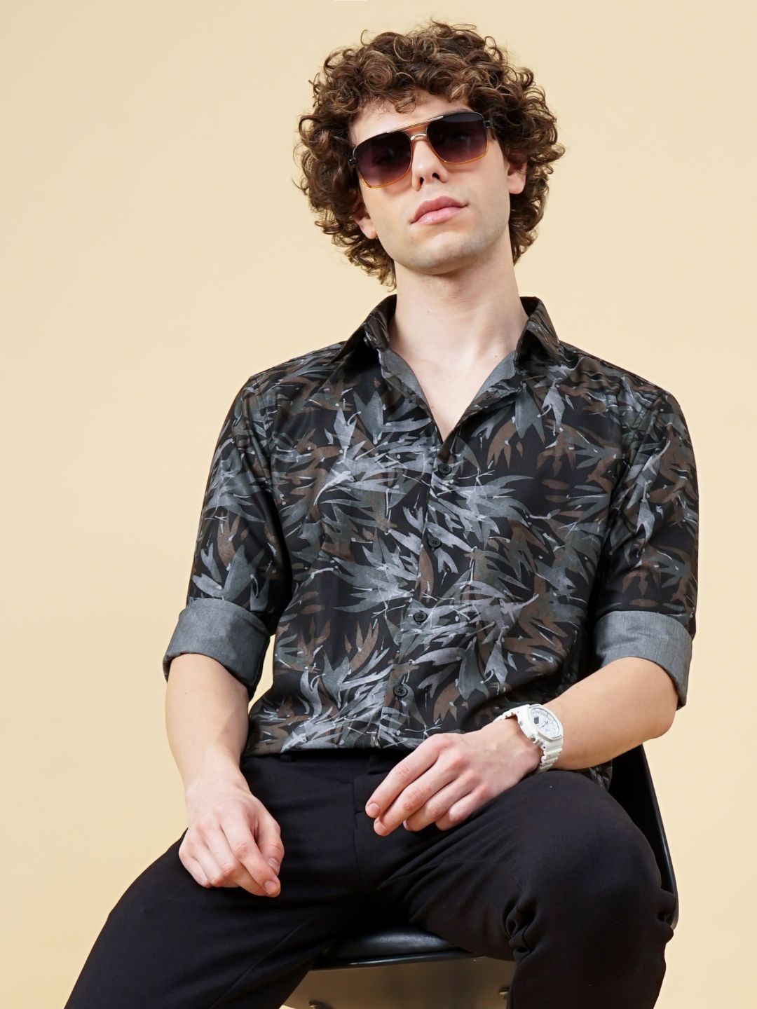 

PAUL STREET Men Classic Spread Collar Floral Printed Slim Fit Casual Shirt, Black