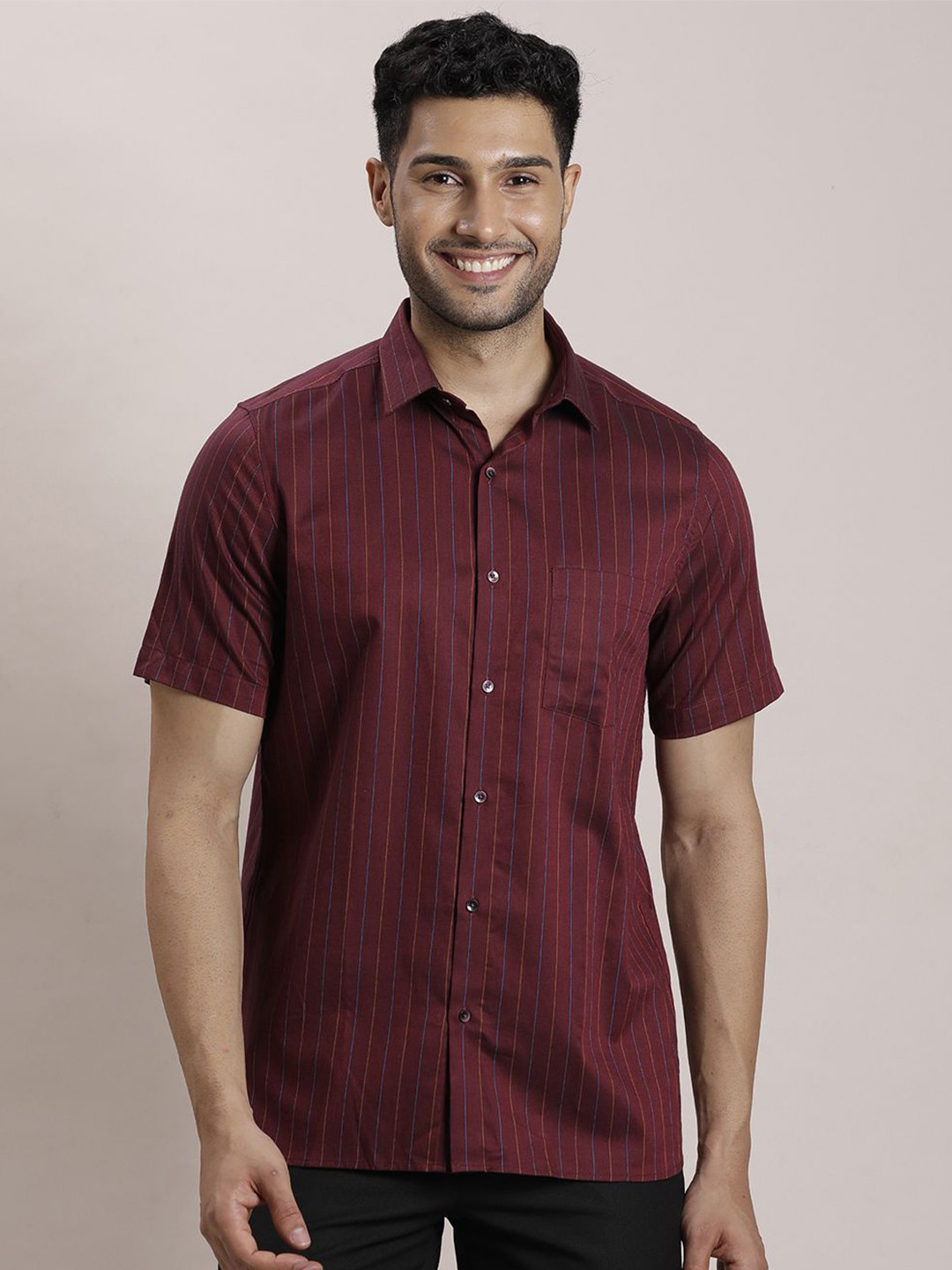 

Turtle Men Classic Spread Collar Vertical Striped Cotton Formal Shirt, Maroon