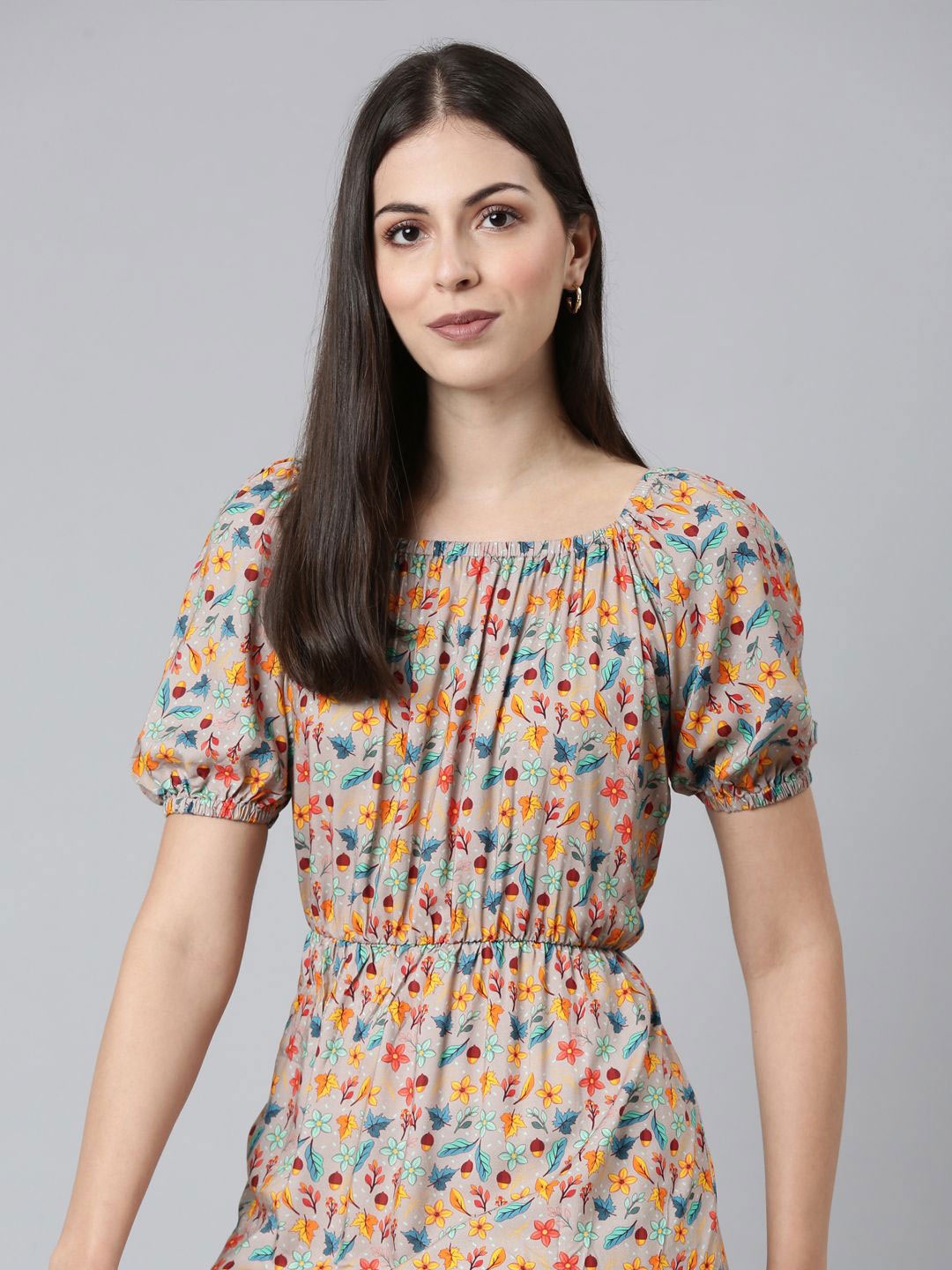 

TWIN BIRDS Women Floral Print Puff Sleeve Fit & Flare Midi Dress, Grey