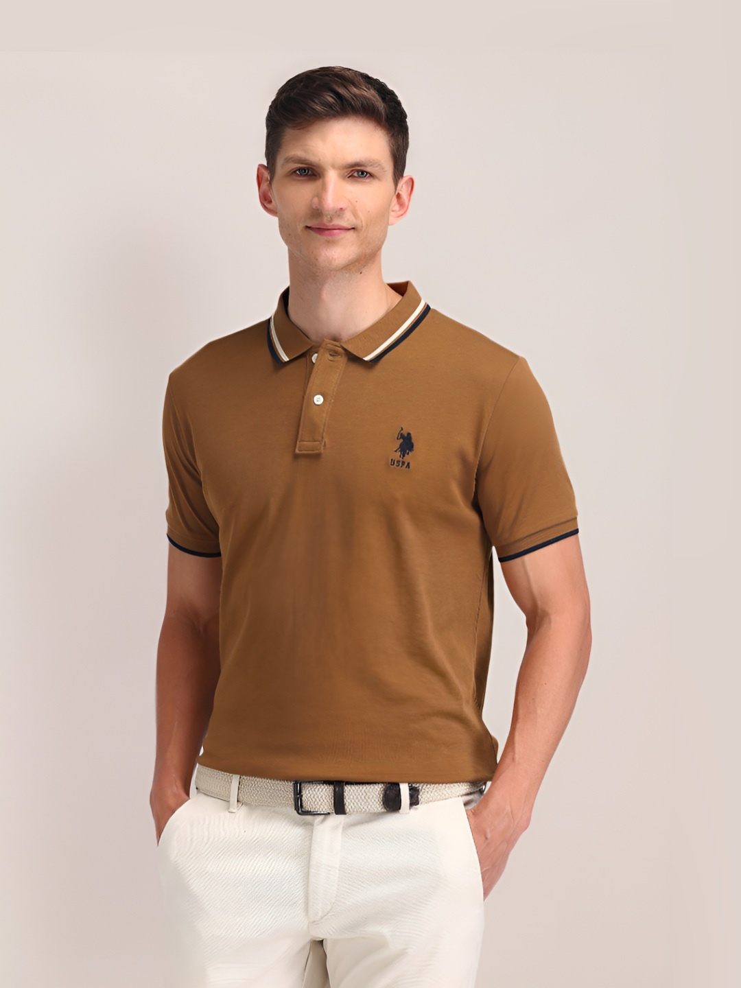 

U.S. Polo Assn. Men Brand Logo Solid Slim Fit Pure Cotton T-shirt, Brown