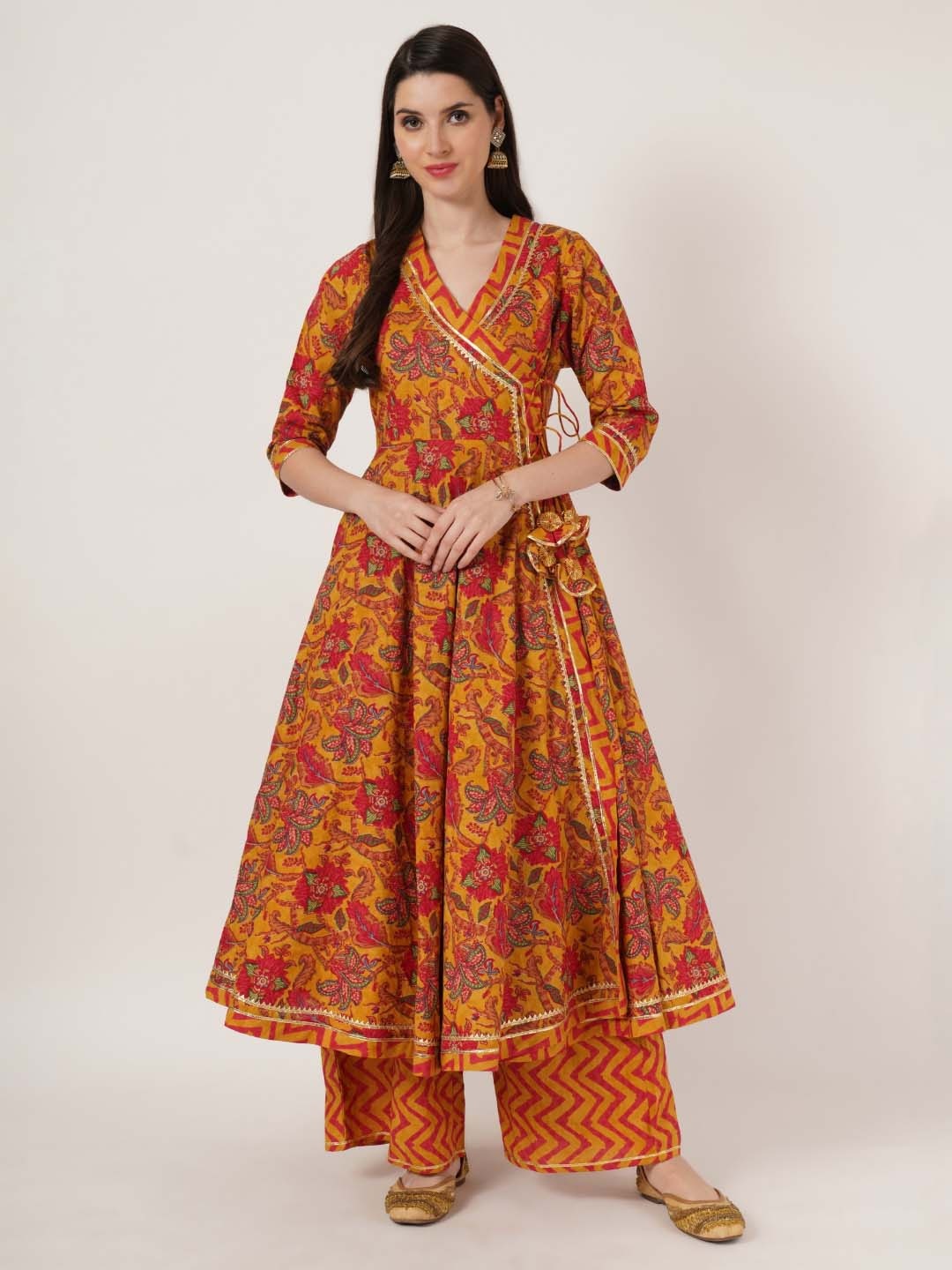 

KALINI Orange and Red Floral Printed Angrakha Pure Cotton Anarkali Kurta with Palazzo