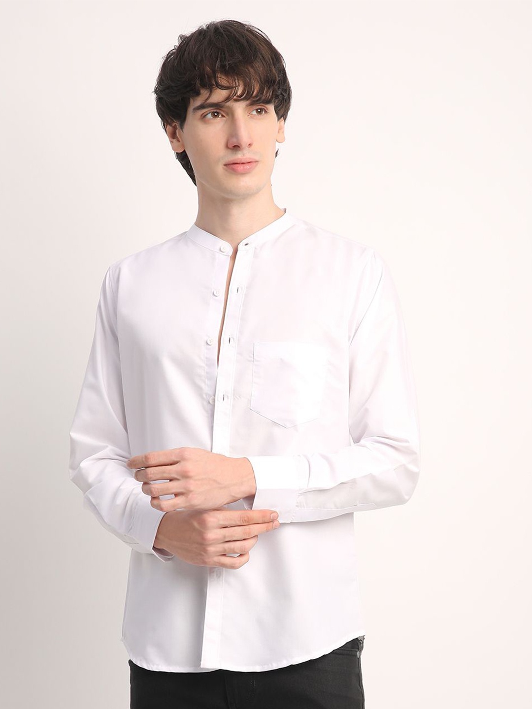 

Voroxy Men Smart Band Collar Solid Cotton Casual Shirt, White