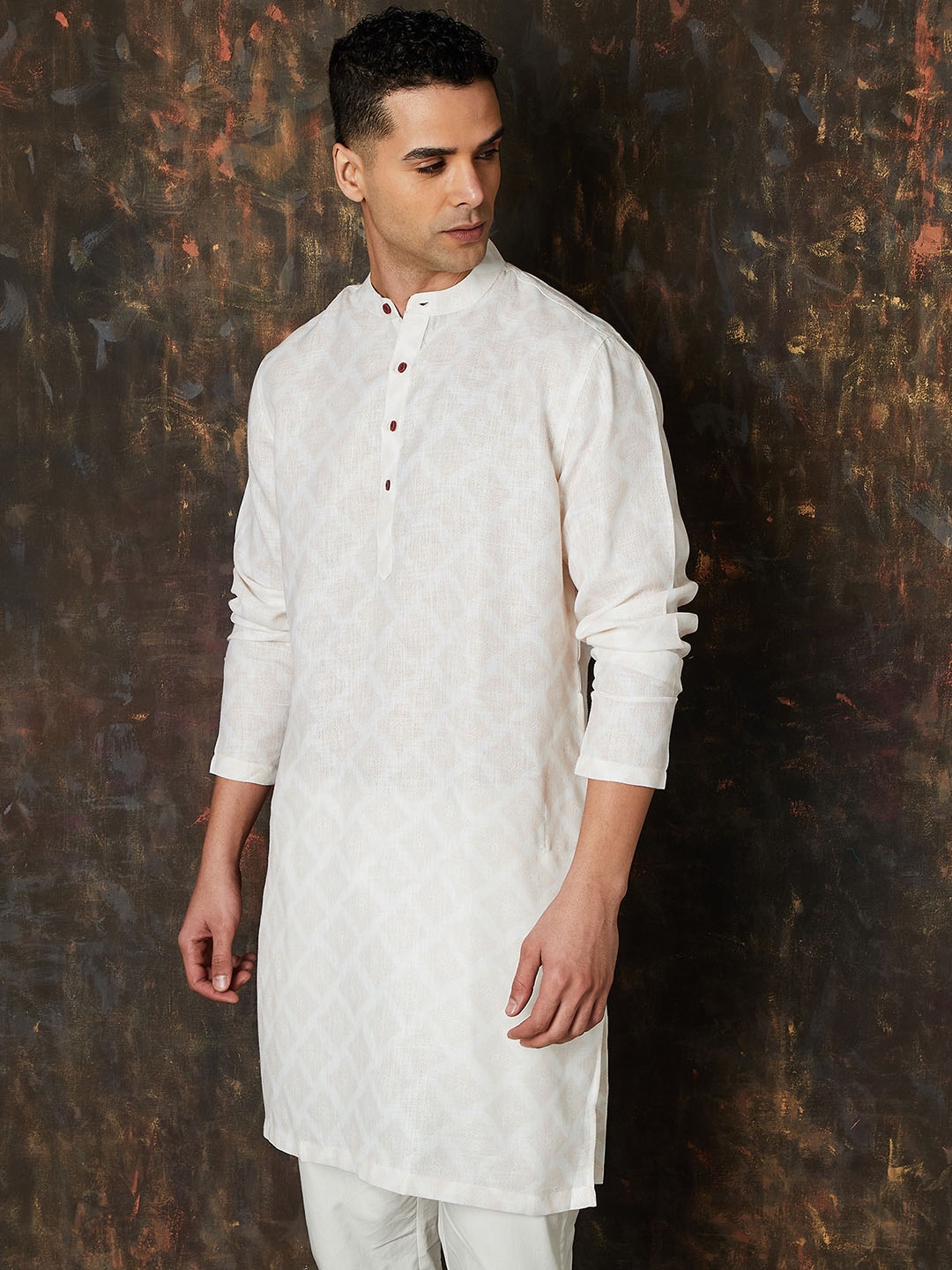 

Melange by Lifestyle Woven Design Mandarin Collar Straight Kurta, Cream