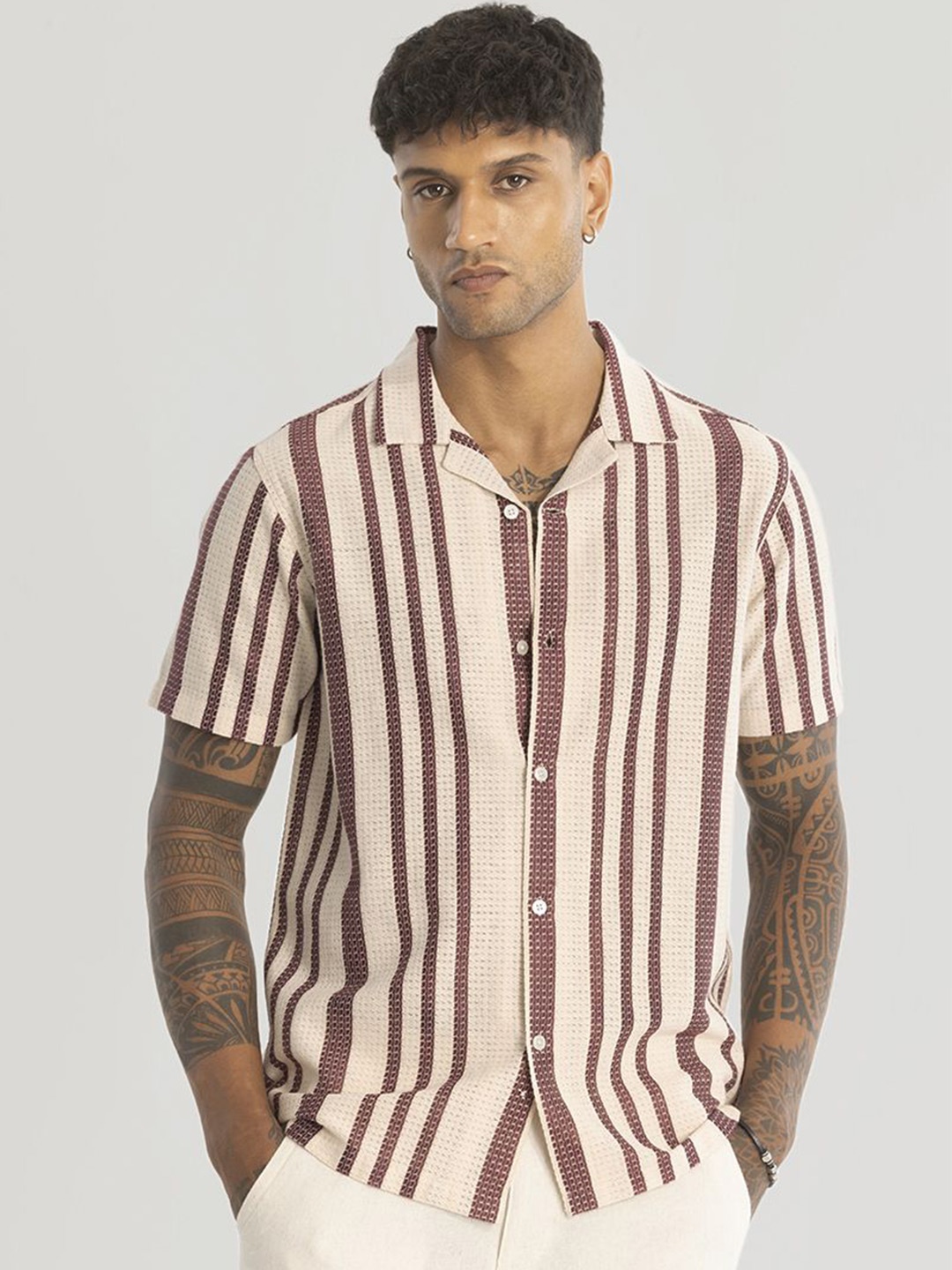 

Snitch Men Relaxed Cuban Collar Vertical Striped Cotton Boxy Casual Shirt, Beige