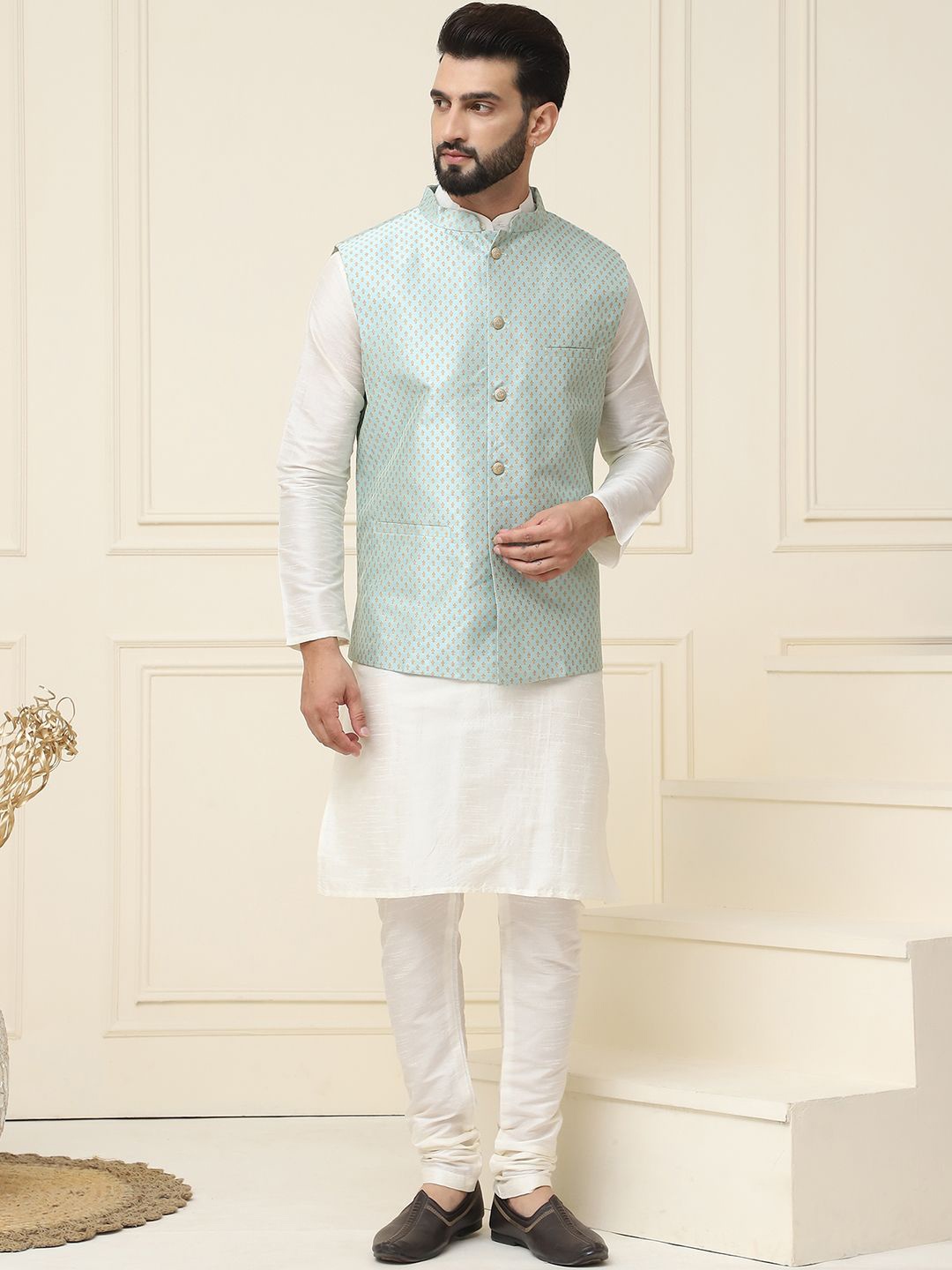 

SOJANYA Mandarin Collar Kurta With Churidar & Nehru jacket, Cream