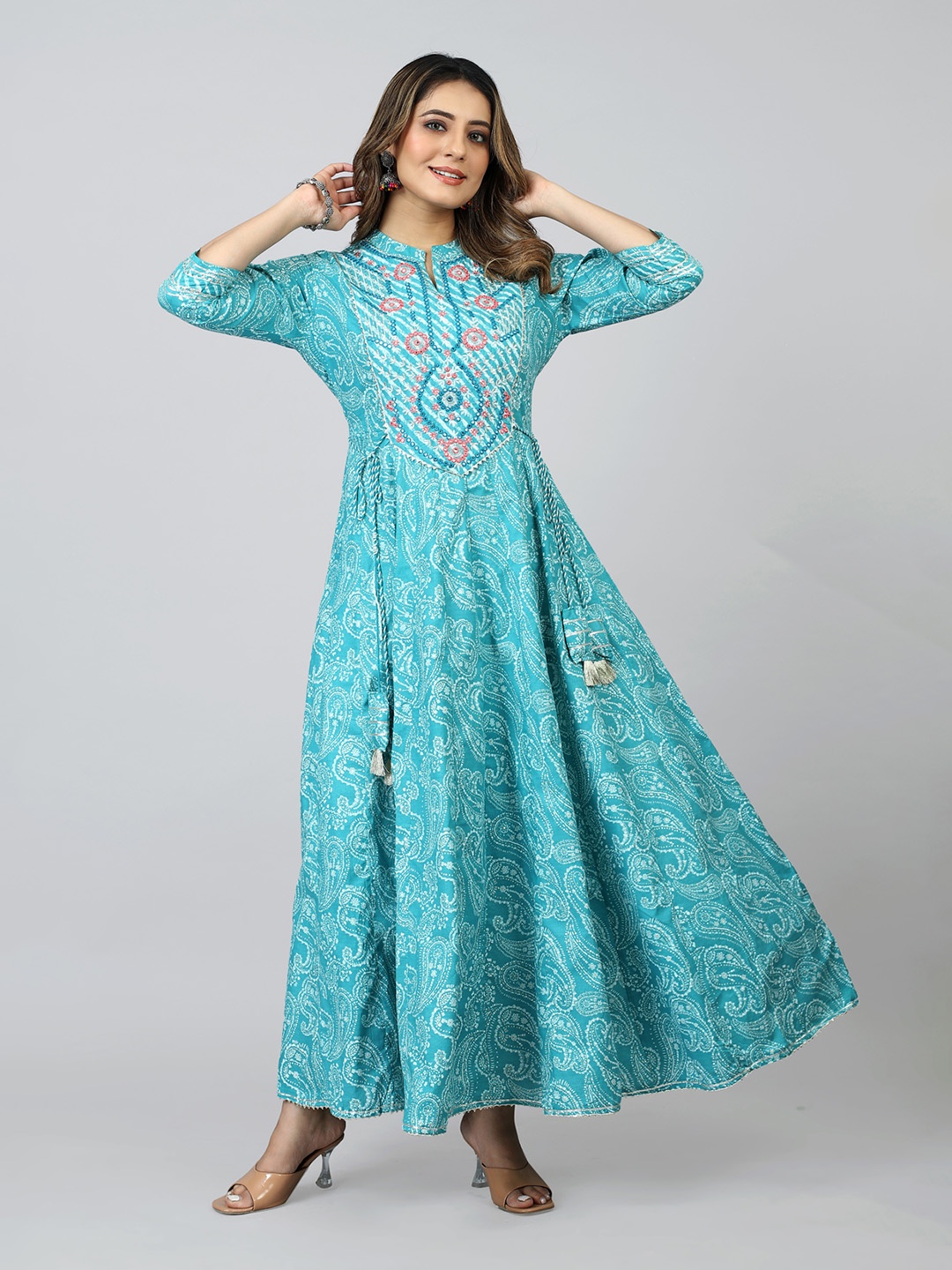 

SARRAS Ethnic Motifs Printed Mirror Work Mandarin Collar Anarkali Kurta, Blue