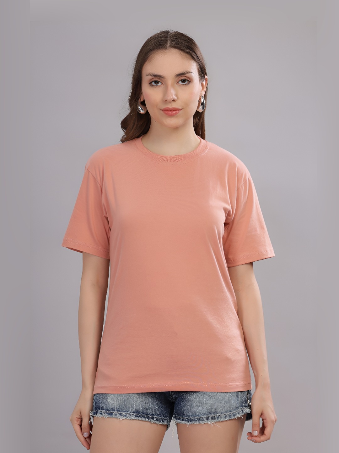 

FALTU.CO Women Solid Round Neck Pure Cotton Oversized T-shirt, Peach