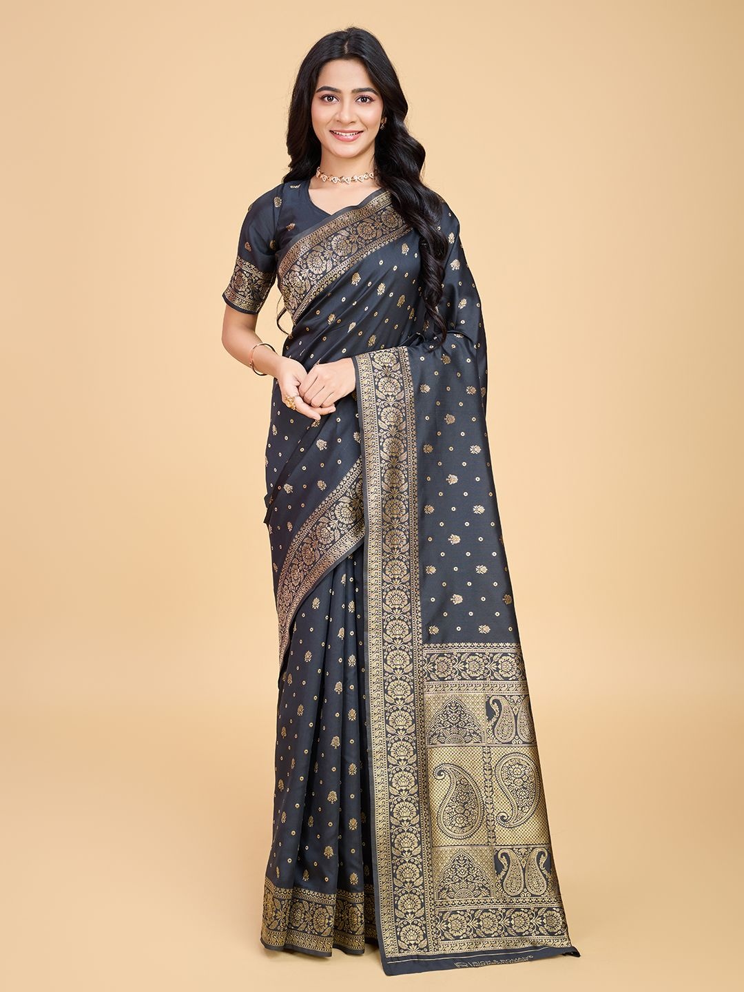 

RICH & ROMAN Woven Design Zari Pure Silk Banarasi Saree, Black