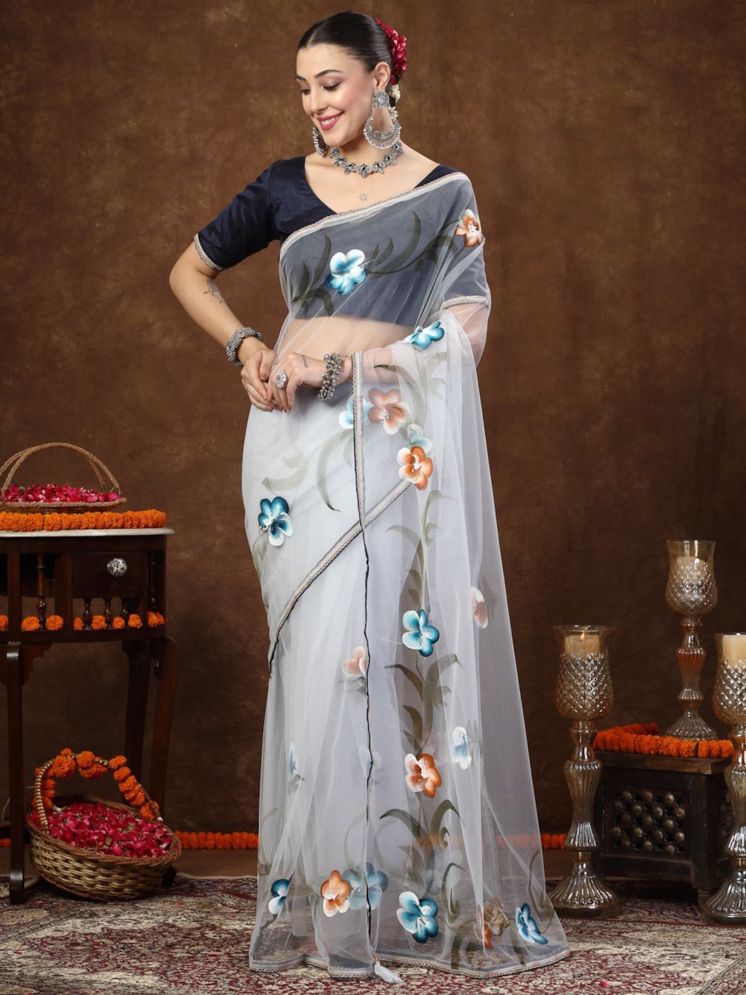 

Stylum Floral Embroidered Net Printed Saree, Grey