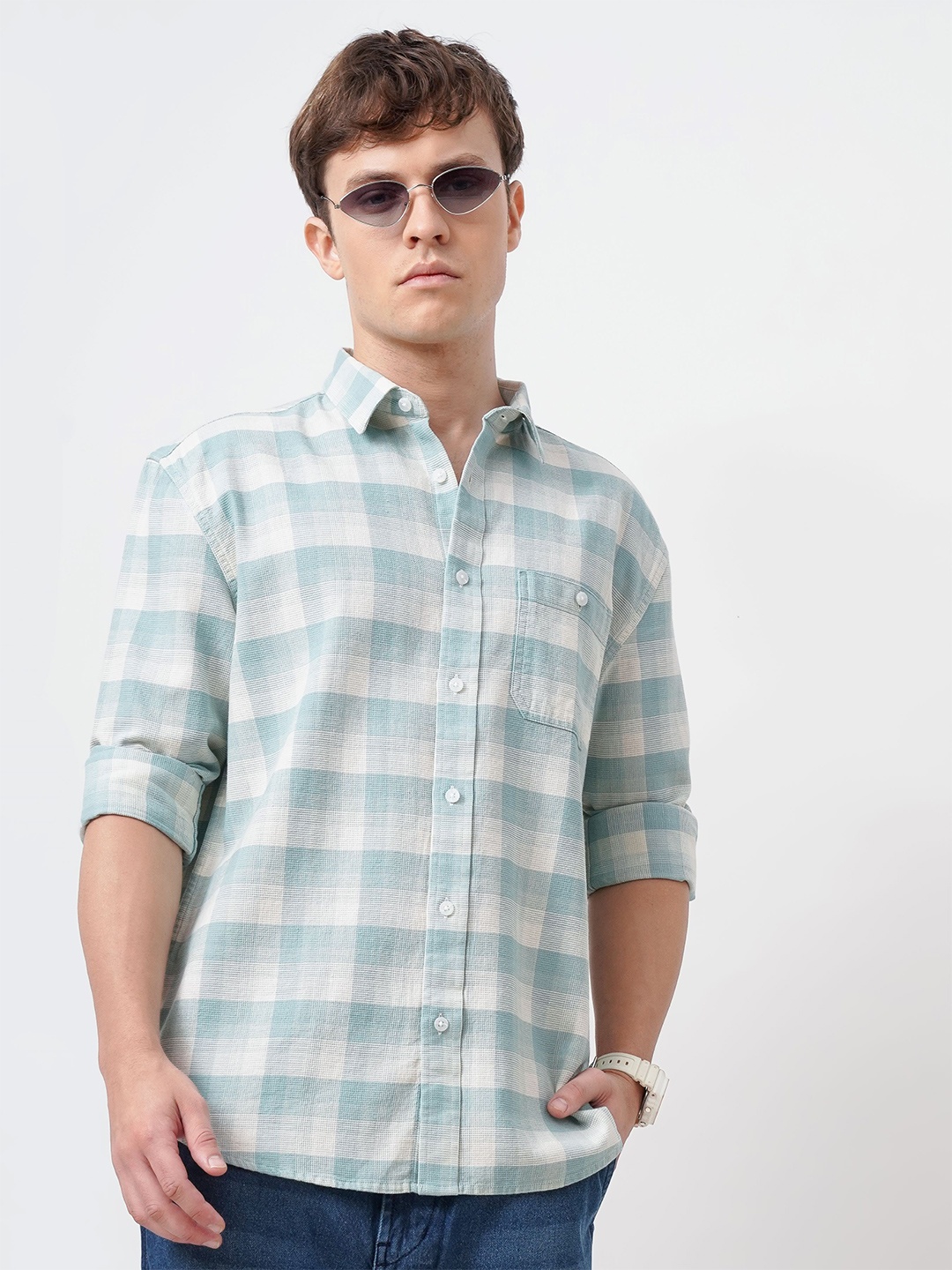 

British Club Men Standard Spread Collar Tartan Checked Cotton Casual Shirt, Off white