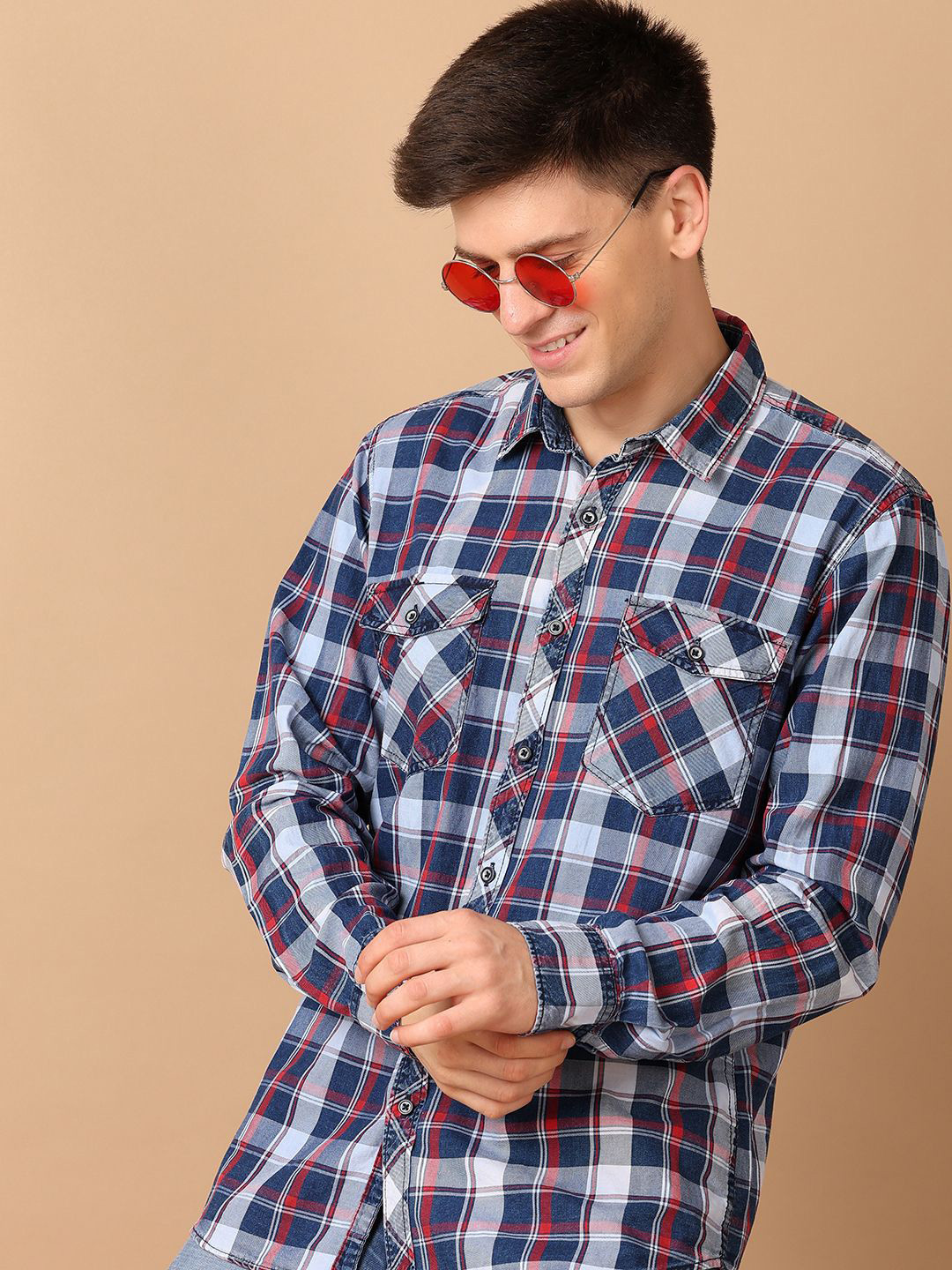 

V-Mart Men Classic Spread Collar Tartan Checks Printed Cotton Slim Fit Casual Shirt, Blue