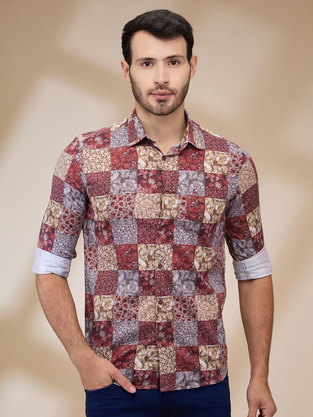 

Parx Men Spread Collar Abstract Printed Cotton Slim Fit Casual Shirt, Red