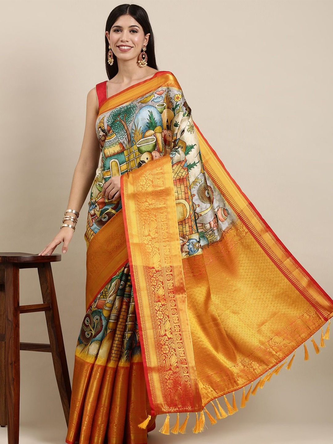 

Zeekha Ethnic Motifs Zari Pure Silk Traditional Kanjeevaram Saree, Grey