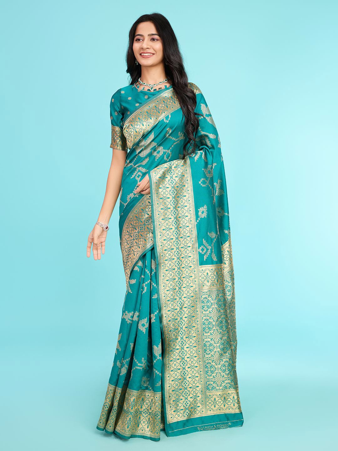 

RICH & ROMAN Woven Design Pure Silk Banarasi Saree, Teal